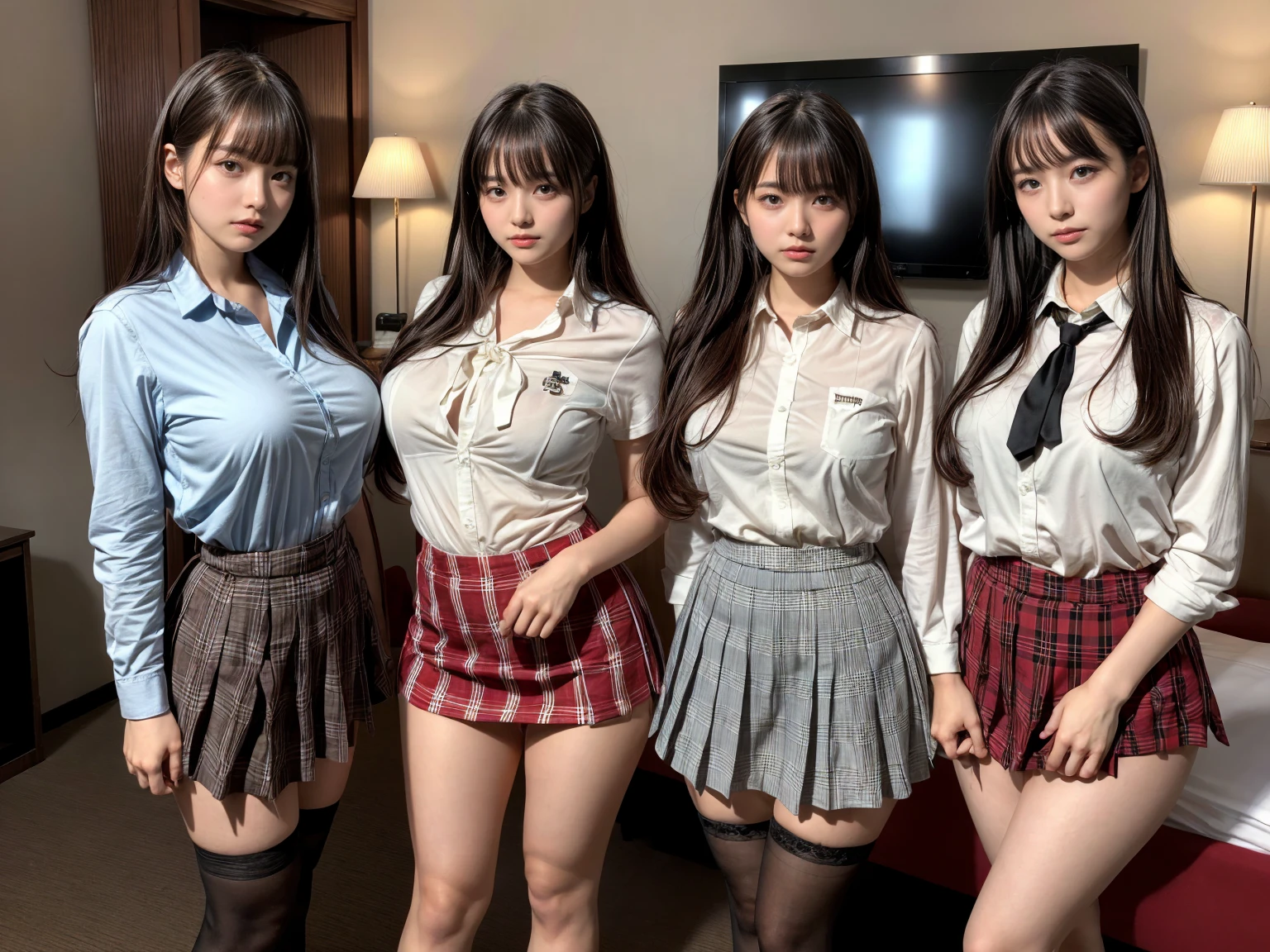 masterpiece, best quality, illustration, Super detailed, fine details, High resolution, 8K,wall paper, perfect dynamic composition,(Details High quality, realistic depiction of eyes:1.3), (3 girls), (white school shirt :1.2), (plaid skirt :1.3), tie black, black thigh-high stockings, sitting, open legs, short bob hair, in a hotel room in the background, deep on field, large breasts, black hair color, Big Natural Color Lip, (perfect body shape), crying a little、Harajuku style、20 year old girl、cute type、beautiful legs, Gravure Idol