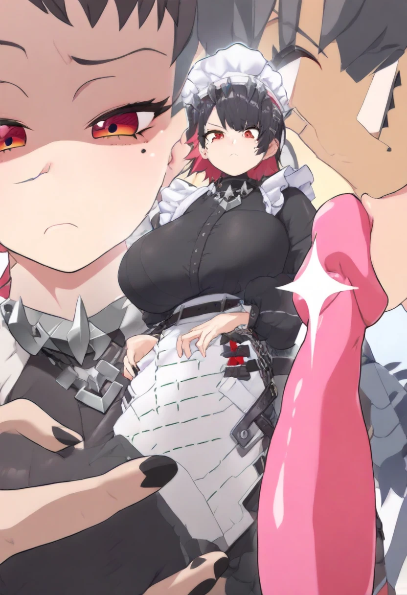 (((masterpiece,Highest Resolution,4K High Resolution,Crisp image quality:1.3)Pussy juice(Detailed Hair,garter belt,One Girl(Large Breasts)Alternative costumes ,Maid, Shark Tail, Wrist cuff, Maidheaddress, Red eyes ,Two-tone hair with red on the inside,Sperm bukkake,(violently fucked by a man,POV video of thick dick in pussy sex:1.2)((cross-sectional view))high school student