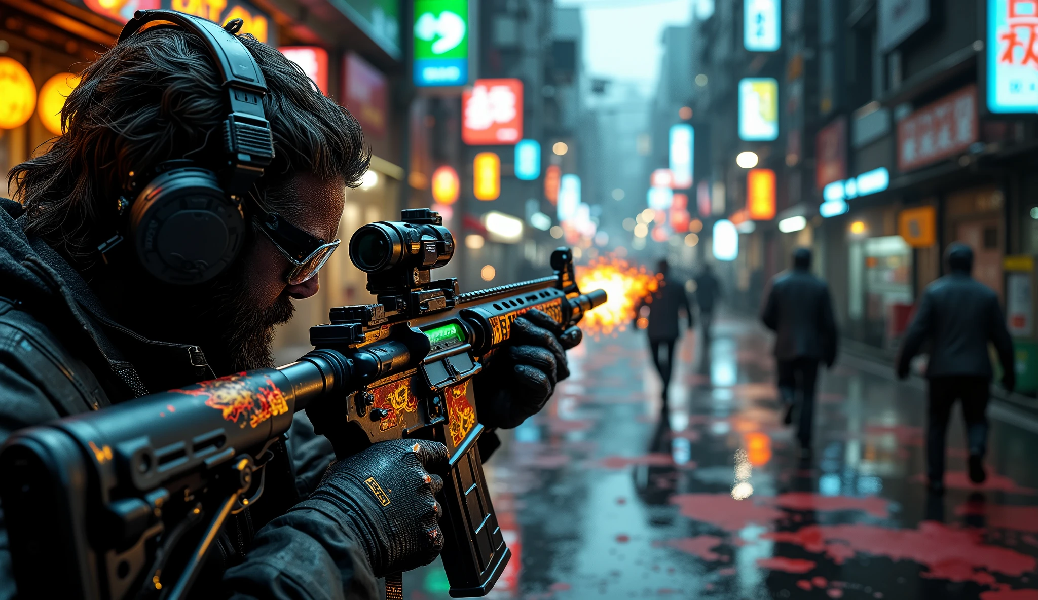  [Style: "masterpiece, realistic, Photorealistic realism, Hyper high resolution, (Hyper insane quality, intricately detailed digital art), focus on extremely Realistic Proportion Body"] (Key Directive: "Prioritize anatomical accuracy and material textures") POV: {"((first person view))"} ((first person shooting position)) | "hold a Custom M16A4 in hends" Weapon: "Custom M16A4 (StatTrak™ module)" | M16A4 side Engraving : "Japanese dragon (red/gold paint:1.4)" | Display: "((side-mounted counter (red LED '589')))" | Attachments: - "Underbarrel flamethrower "((aim through the scope at running targets)) (shoot with continuous fire)"- "active, orange/blue flames:0.3, white/yellow flash:0.3" - "Green laser sight (beam visible in airborne dust)" Environment: "Tokyo backstreet at night (rain-slick asphalt, neon signage in Japanese)" | Lighting: - "(Cinematic clarity and global illumination)" - "((aim at the target and shoot))'' - ''Muzzle flash from rifle (temporarily illuminates face)" - "Rim light from streetlamps:0.3" Technical Specs: (DOG: "deep, f/2.8, ((sharp background, clear targets running on the street, bodies lying spill red paint, chaos and terror)))" | (Rendering engine: "Unreal Engine 5 path tracing, 16K texture maps") } 