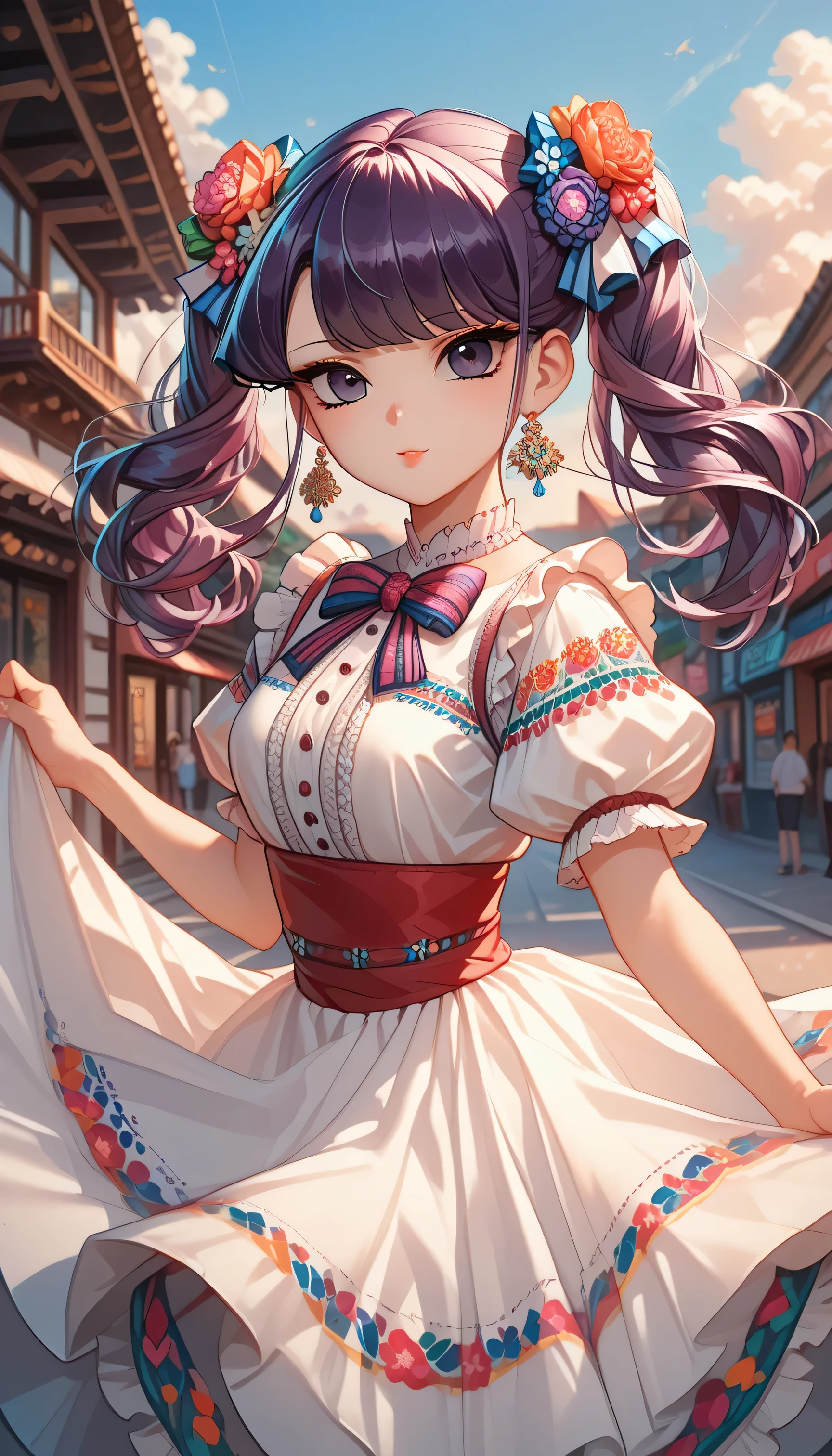 Komi Shouko with pigtails, purple hair, purple eyes, MexClothes hair ornament, flower, white dress, frills, traditional clothes, ribbon, puffy sleeves, multicolored clothes, colorful clothes, in an anime-style, outdoors, mexican downtown background, sunset