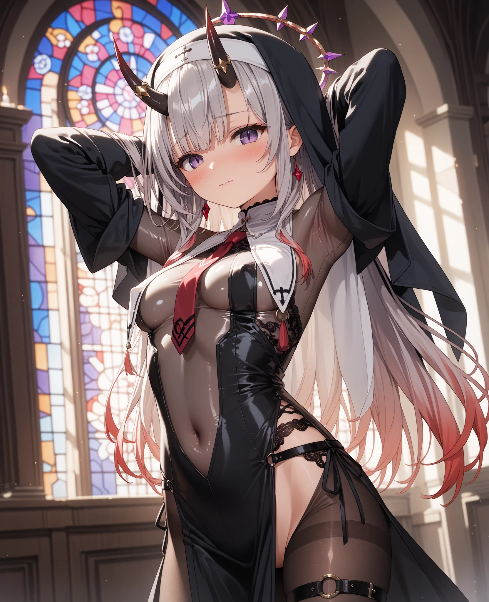 Dynamic shot, dynamic angle, (multiple characters), (((A picture of 2 beautiful succubus dominating sexy nun on a leash))), in nuns crowd, ((2 demon females and a nun)), (nun, bent, pinned, legs spread, chain tied, chained, chain between legs, ass exposed, scared, obedient, insecure, burning halo), (2 beautiful female demons around, dominating, standing above, holding halo, power pose), demons, beautiful succubuses, horror, dark, sexy, rough domination, domination, bdsm, golden chains,(golden leash), collar, beautiful bodies, slim, highly detailed faces, horns, horny, scared, stockings, (white silk lingerie underwear, white stockings, white gloves), leather tight boots, blue light, blue tones, highres, sharp focus