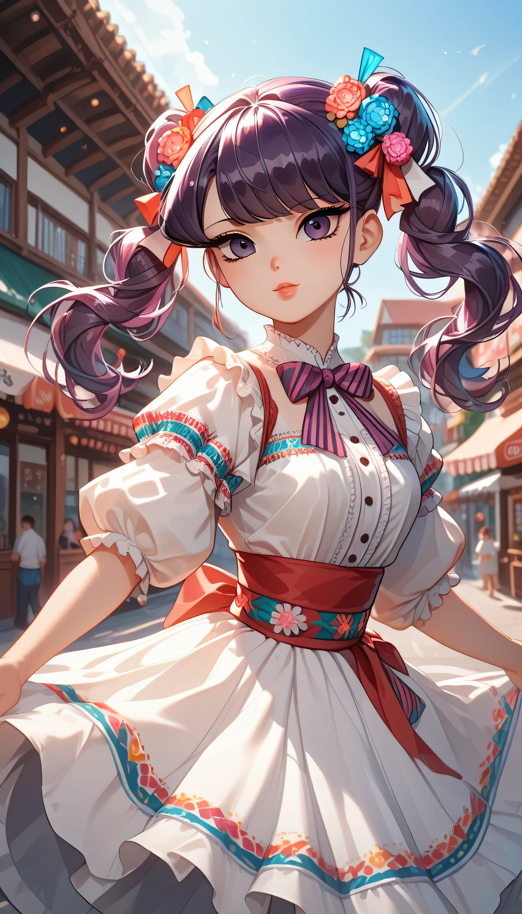 Komi Shouko with pigtails, purple hair, purple eyes, MexClothes hair ornament, flower, white dress, frills, traditional clothes, ribbon, puffy sleeves, multicolored clothes, colorful clothes, in an anime-style, outdoors, mexican downtown background, sunset