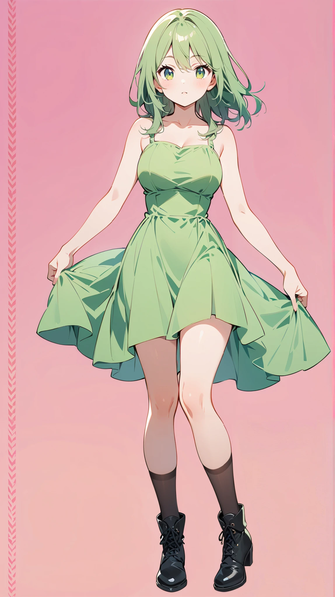 1 girl, Full Body Portrait, Green long hair , green eyes, stands, green dress, black pantyhose ,Ankle boots,plain and unadorned , show your legs , show your arms,Mature charm, cute,Strong
