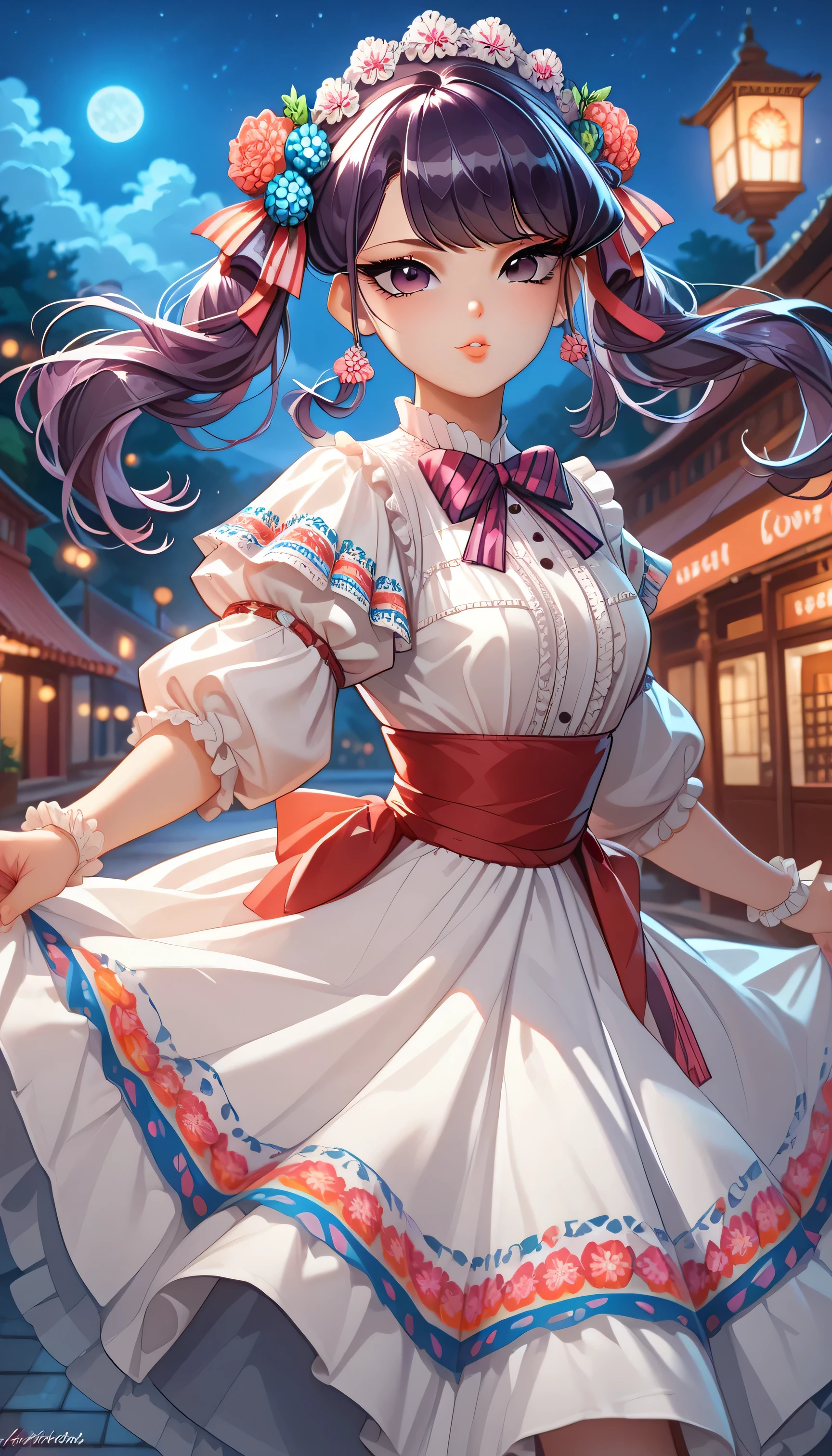 Komi Shouko with pigtails, purple hair, purple eyes, MexClothes hair ornament, flower, white dress, frills, traditional clothes, ribbon, puffy sleeves, multicolored clothes, colorful clothes, in an anime-style, outdoors, mexican downtown background, (night scene:1.1)