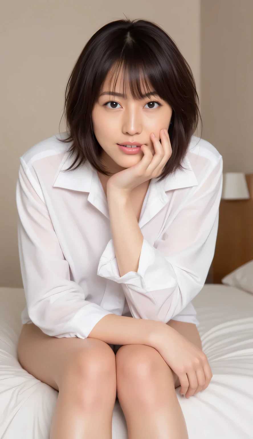 ((( Low-angle shot showing the entire cheek、 biologically accurate images 、 and stare at the camera :1.22, lean forward , loose open shirt 、 underwear))), 1 Japanese woman, hotel room 、 Indirect Lighting、 nudes,Completely naked,