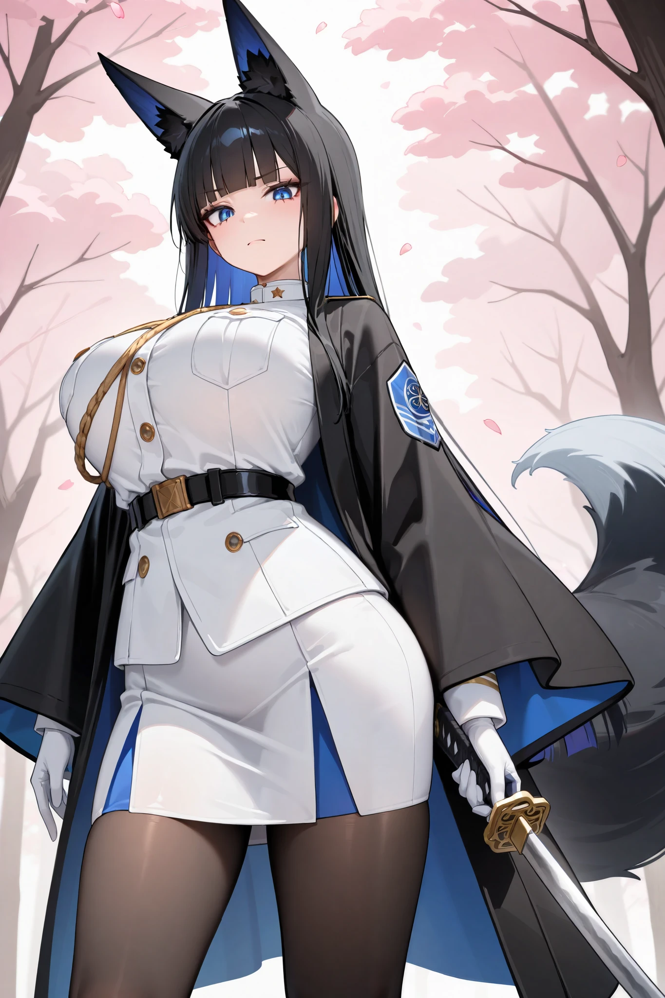 absurdres, (((HD))), (((Ultra High Quality))), ((hyper detailed)), ((Ultra High Resolution)), (Highly rendered), ((detailed eyes)), (((8K))), ((perfect face)), ((masterpiece)), one girl, Kitsune, fox ears, fox tail, black hair, long hair, stern face, straight hair, blunt bangs, blue eyes, black haori, white military officer uniform, gloves, large breasts, long white skirt, black pantyhose, katana, holding katana, Japanese forest background, cherry trees, cherry blossom petals