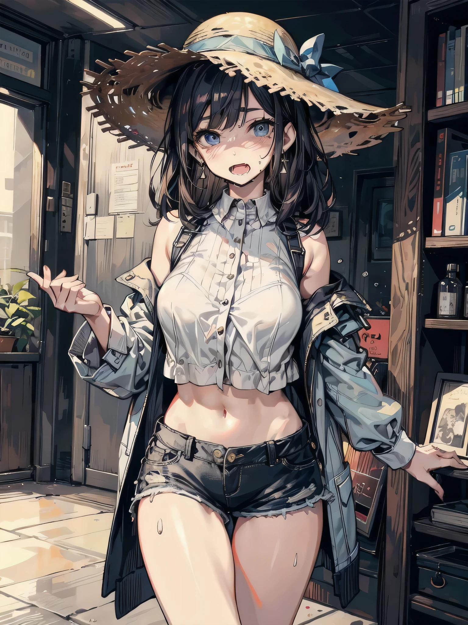 absurdres, RAW photo, extremely delicate and beautiful, masterpiece, Best Quality, ultra high resolution, 32k, hyperrealistic, ultra-detailed, perfect figure, tearful mole, earring, whole body shot, short medium hair, wavy hair, big breast, casual, blouse, white shirt, buttoned shirt, bare shoulders, collarbone, midriff, navel, shorts, straw hat, 