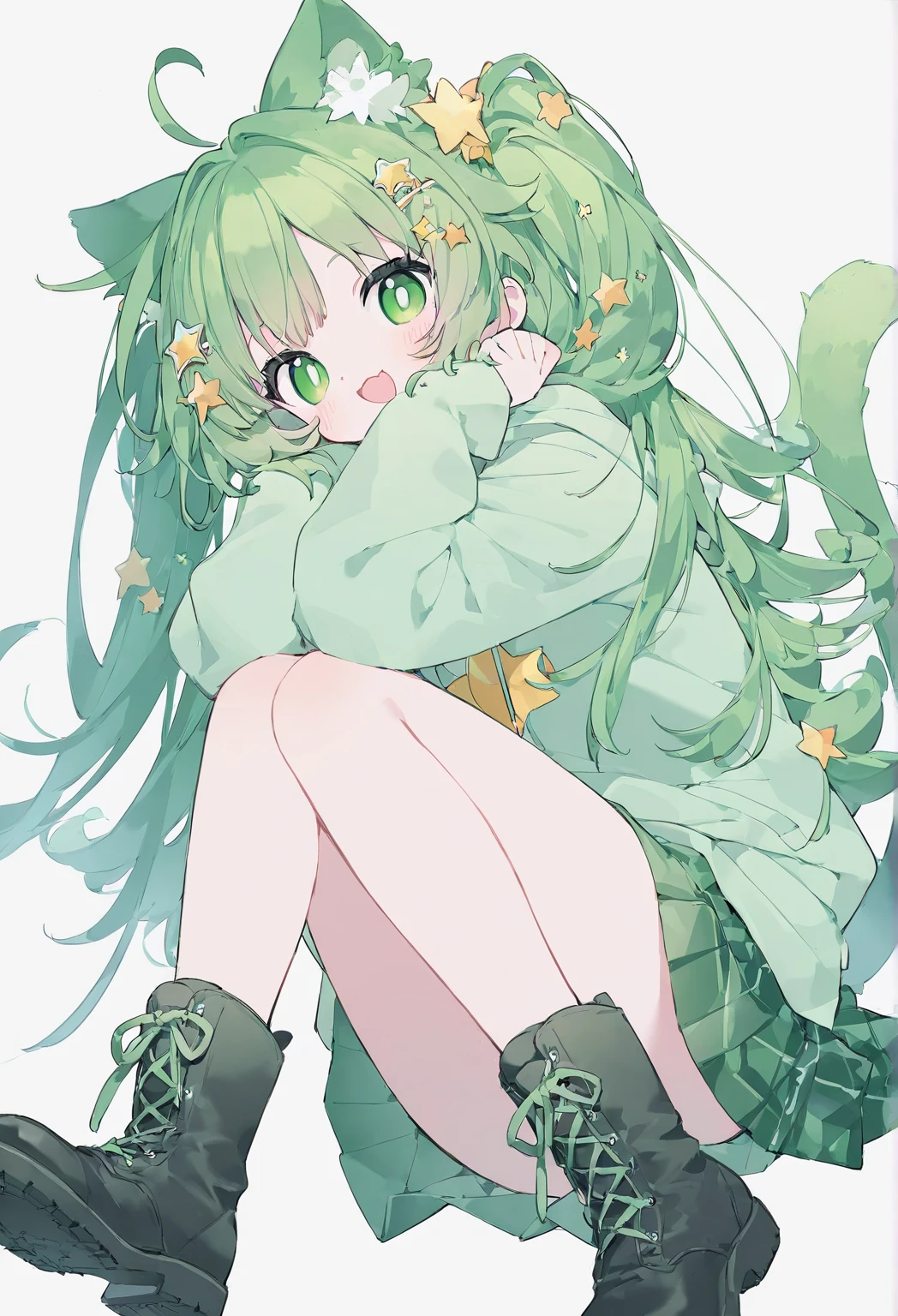 Super Deformed green hair Cat ears Curly hair
