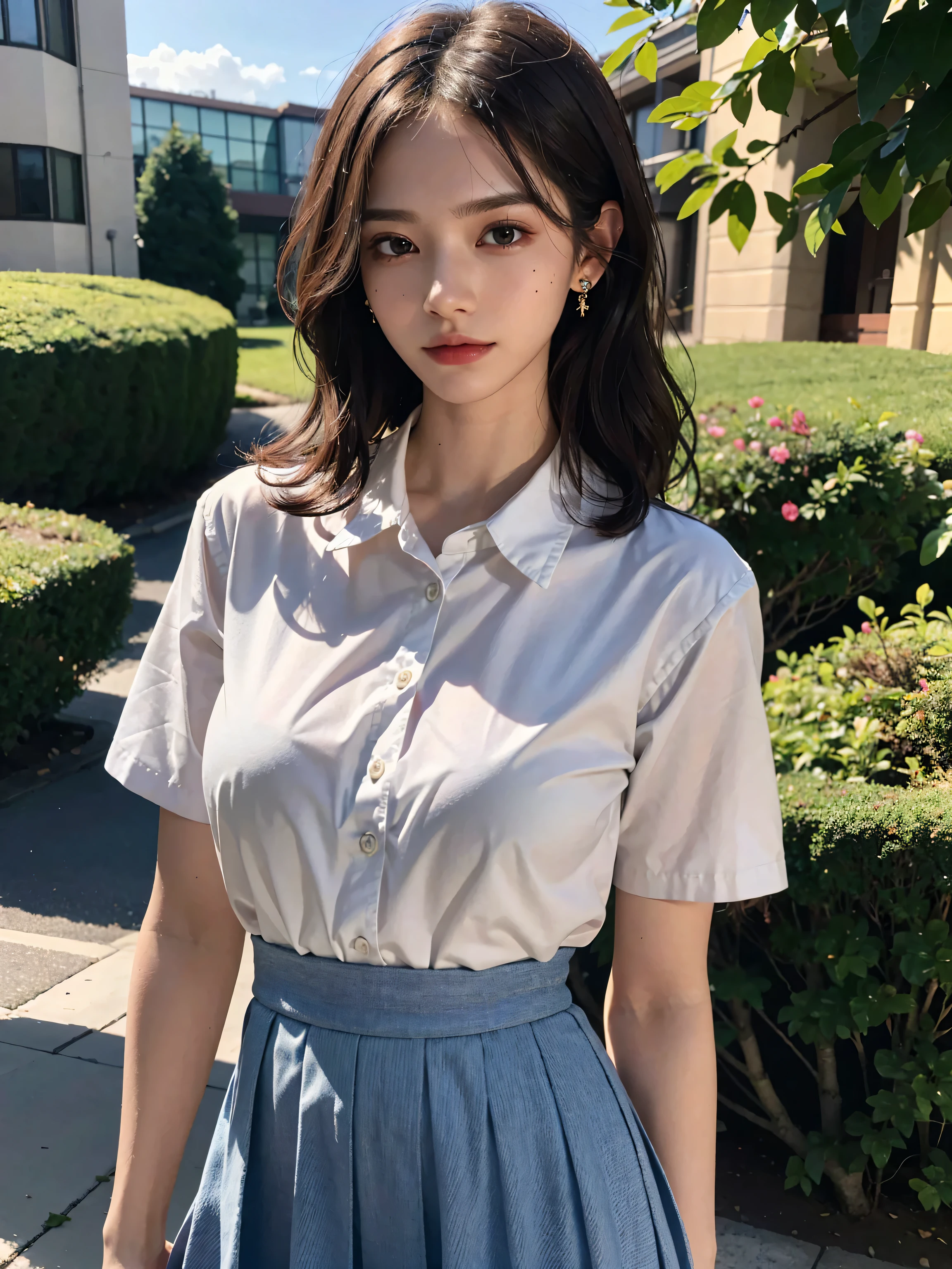 Japanese、high school student、Beauty、Facing forward、Kind eyes、Smiling Kindly、He is wearing a long navy blue short-sleeved polo shirt、She is wearing a grey tight long skirt、Sitting in a chair、Hands behind back、((Her white underwear is visible between her skirt and legs.))、(Wearing white panties)、She is facing the camera with both knees together.、Anatomically correct body、