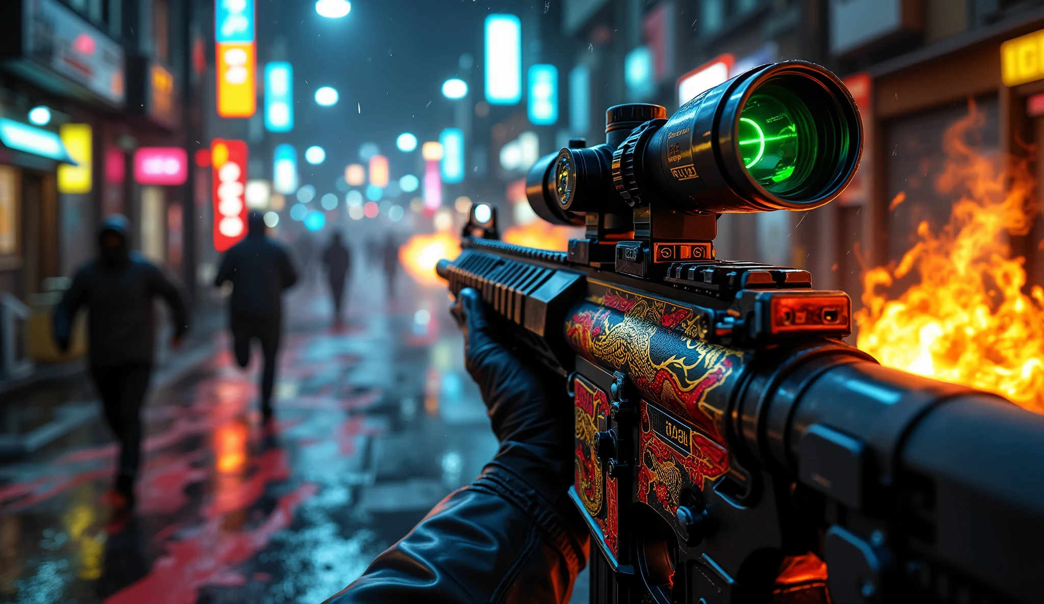  [Style: "masterpiece, realistic, Photorealistic realism, Hyper high resolution, (Hyper insane quality, intricately detailed digital art), focus on extremely Realistic Proportion Body"] (Key Directive: "Prioritize anatomical accuracy and material textures") POV: {"((first person view))"} ((first person shooting position)) | "hold a Custom M16A4 in hends" Weapon: "Custom M16A4 (StatTrak™ module)" | M16A4 side Engraving : "Japanese dragon (red/gold paint:1.4)" | Display: "((side-mounted counter (red LED '589')))" | Attachments: - "Underbarrel flamethrower "((aim through the scope at running targets)) (shoot with continuous fire)"- "active, orange/blue flames:0.3, white/yellow flash:0.3" - "Green laser sight (beam visible in airborne dust)" Environment: "Tokyo backstreet at night (rain-slick asphalt, neon signage in Japanese)" | Lighting: - "(Cinematic clarity and global illumination)" - "((aim at the target and shoot))'' - ''Muzzle flash from rifle (temporarily illuminates face)" - "Rim light from streetlamps:0.3" Technical Specs: (DOG: "deep, f/2.8, ((sharp background, clear targets running on the street, bodies lying spill red paint, chaos and terror)))" | (Rendering engine: "Unreal Engine 5 path tracing, 16K texture maps") } 