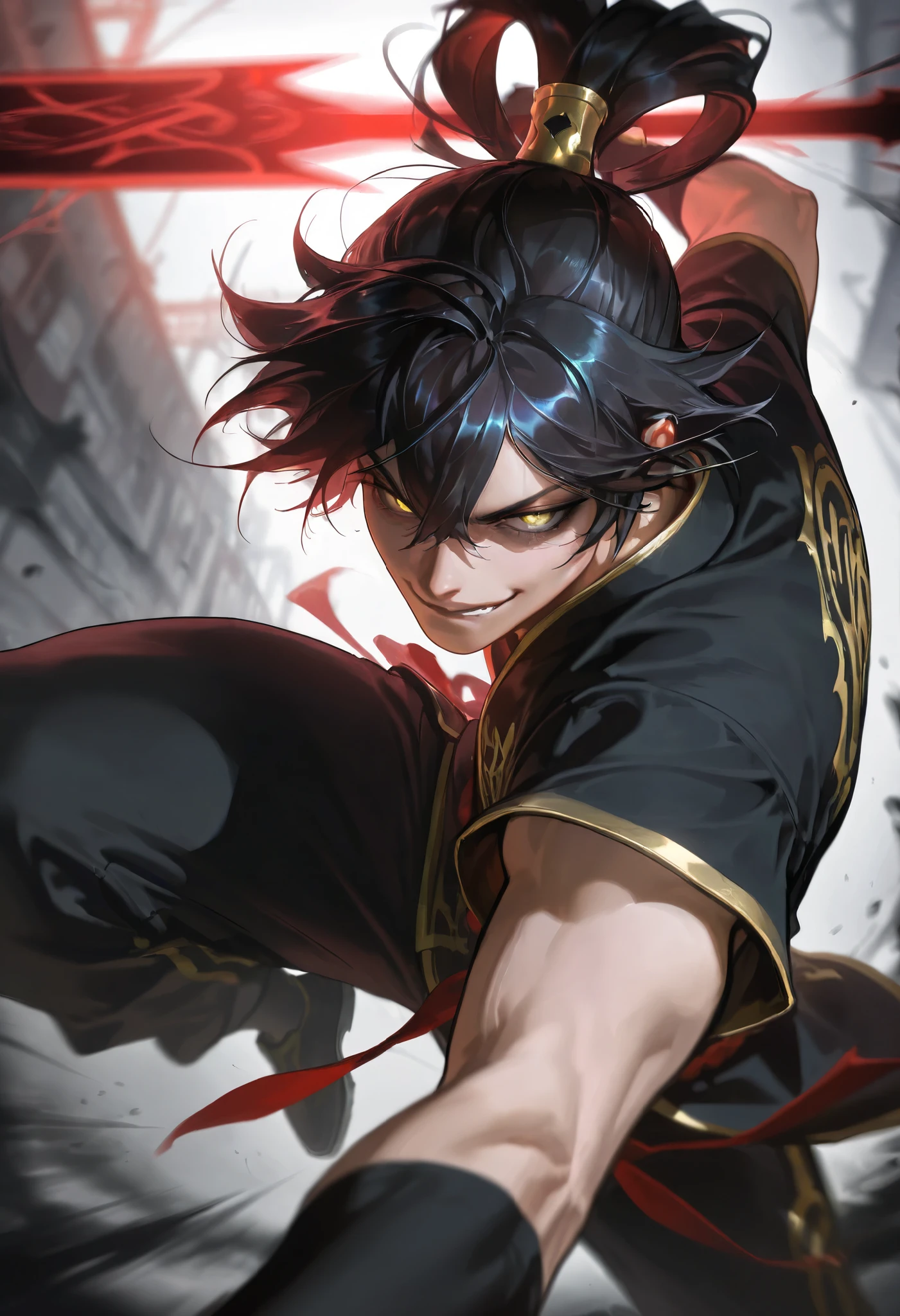 Score_9, Score_8_up, Score_7_up, Score_6_up, anthro,\(quality\), L0LSPL4SH, year2024, year2023, 1male, solo, upperbody, detailed face, taller frame, cruel smirk, yellow eyes, long samurai hairstyle, black hair, dark martial artist outfit, short sleeve, L0LSPL4SH, dark scenario,