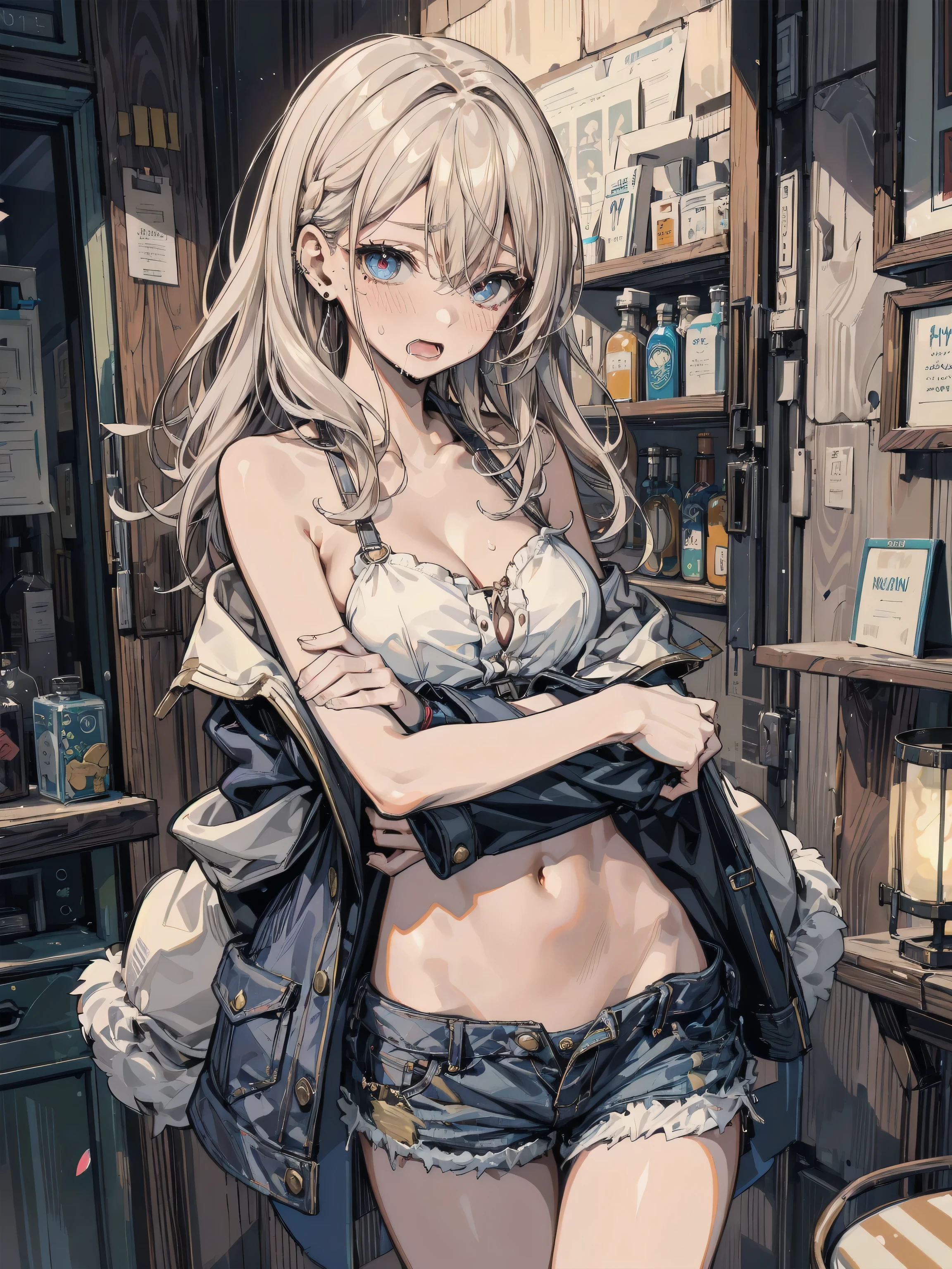 incredibly absurdres, RAW photo, extremely delicate and beautiful, masterpiece, Best Quality, ultra high resolution, 32k, hyperrealistic, ultra-detailed description, perfect anatomy, correct body, super Detailed skin, perfect figure, Perfect Style, Perfect balance, ideal ratio body proportions, in her 20s, very Slim body, narrow waist, very small head, very small face, delicate facial features, very detailed eyes and face, realistic face proportions, tearful mole, earring, (very huge round tits:1.1), medium hair, asymmetrical hair, wavy hair, sidelocks, hair behind ear, half updo, thin legs, thigh, knees, eye rolling, drooling, with tongues, saliva, open mouth, blush, sweat, embarrassed, steaming body, heavy breathing, female orgasm, trembling, sexy, erotic, cowboy shot, indoor, casual, blouse, white shirt, buttoned shirt, bare shoulders, collarbone, midriff, navel, shorts, straw hat,