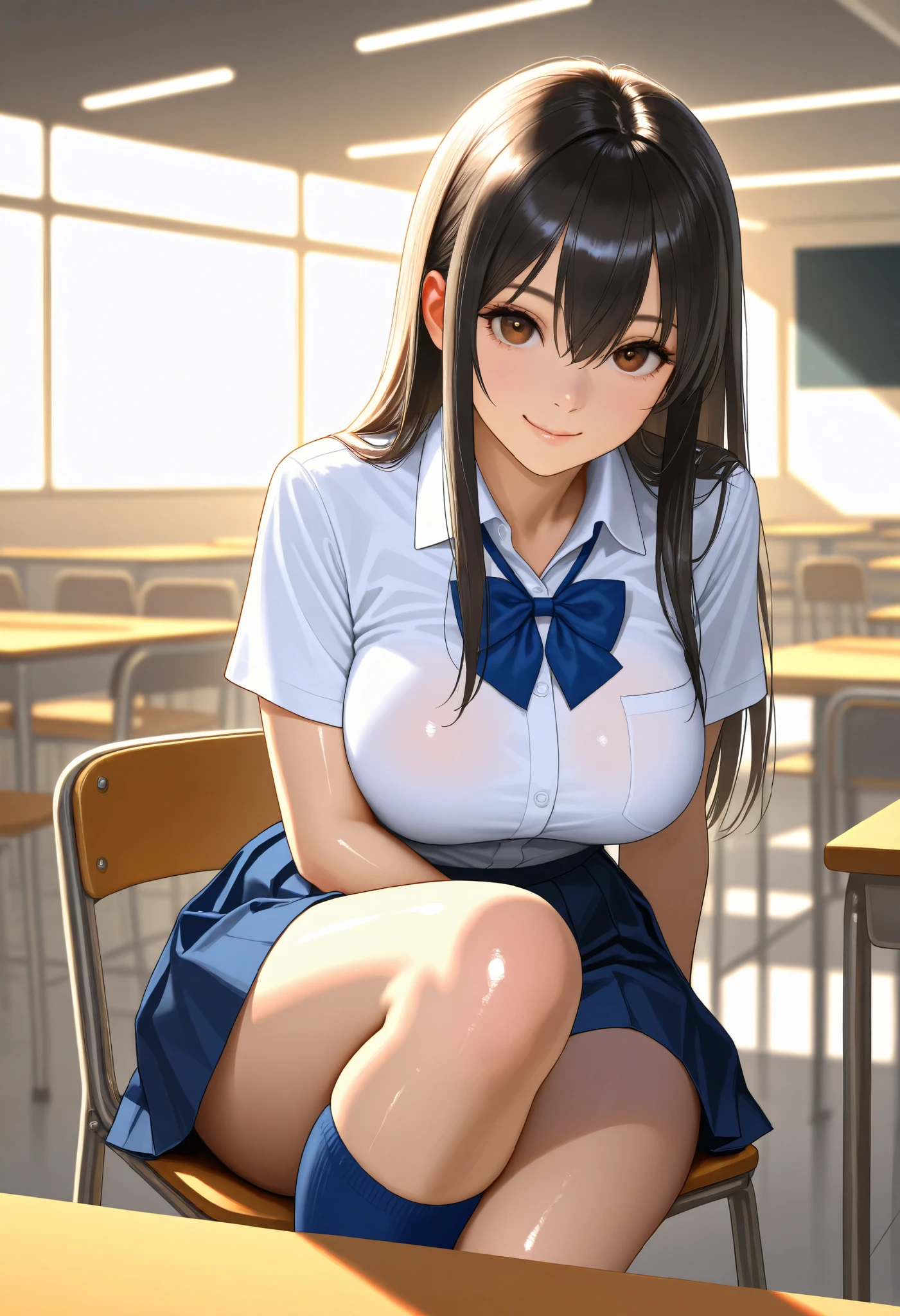 perfect nipple, extremely detailed nipple, round areola,shirtlift, masterpiece, best quality, high quality,front view,in classroom,school,morning,looking at viewer,squatting,spread legs,pussy shot,arms behind back,school uniform,serafuku,(Navy pleated mini skirt),medium breasts, smirk, smile,((cute black panty)),black hair,high ponytail hair,(masterpiece:1.2), (best quality),school uniform, looking at viewer,(nipples,shirtlift,school uniform:1.9,4)