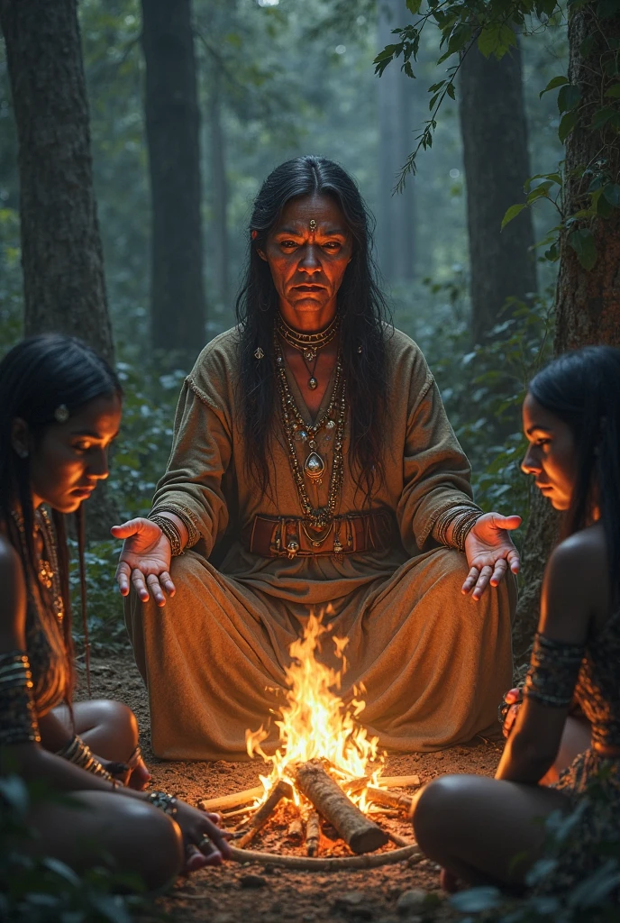 A primitive shaman performing a ritual around a fire, surrounded by symbols of nature such as trees and animals.