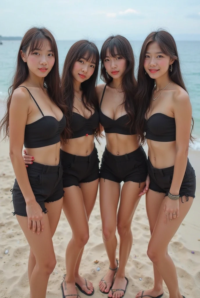 highest quality, sagging breast,Japanese, realistic, High resolution,8k,alone, 3 girls,bangs,30 years old、(((full body shot)))、thick thighs、earrings,necklace,high heels,beach,open legs,standing,bikini,standing,black crew socks,thigh highs,sagging