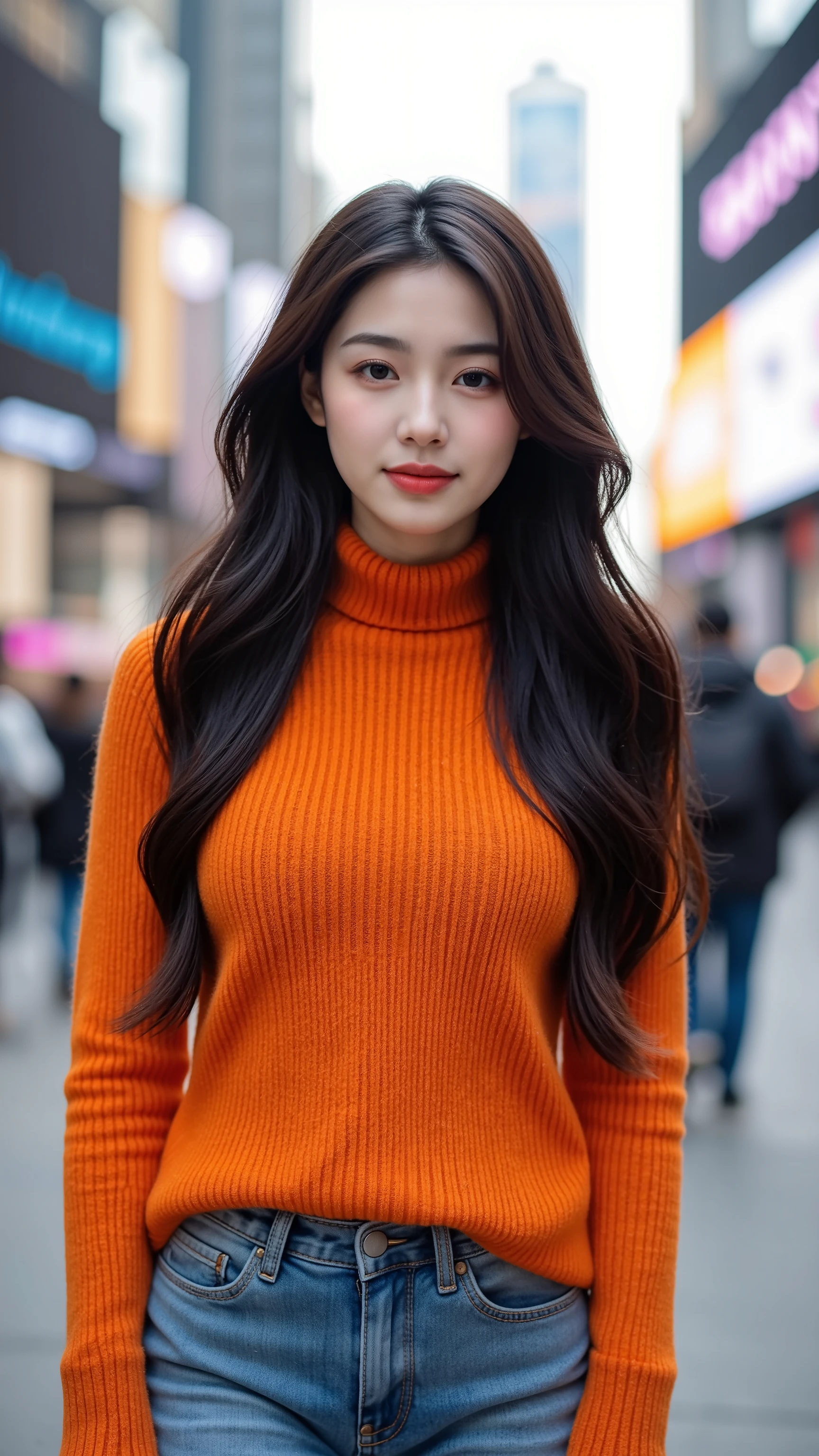  in high-definition images、 attractive young woman ,  beautiful eyes, Early Afternoon, Orange knit,denim pants style 、  facial details ,  forward leaning posture,  Full Body High Quality Image  , Times Square background, standing, Smiling and looking at camera。
