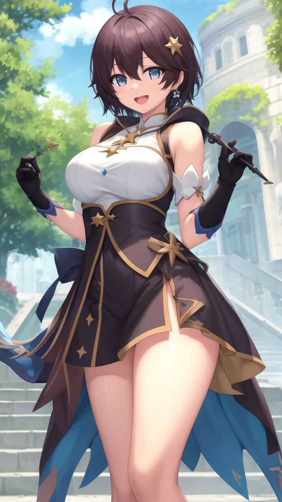 yor briar, anime style beutiful woman, 1girl,full body, happy, smile, red face, closed mouth, beautiful detailed eyes, super detailed skin, backlighting, bare shoulders, black background, black dress, black gloves, black hair, breasts, dress, earrings, fingerless gloves, floating hair, floral print, flower, gloves, gold earrings, gold hairband, hair flower, hair ornament, hairband, holding, holding weapon, jewelry, large breasts, long hair, looking at viewer, off-shoulder dress, off shoulder,red eyes, short hair with long locks, sidelocks, solo, spikes, thighs, two-sided dress, two-sided fabric, weapon, fighting stance , face, close up, from above, highest quality, high resolution.