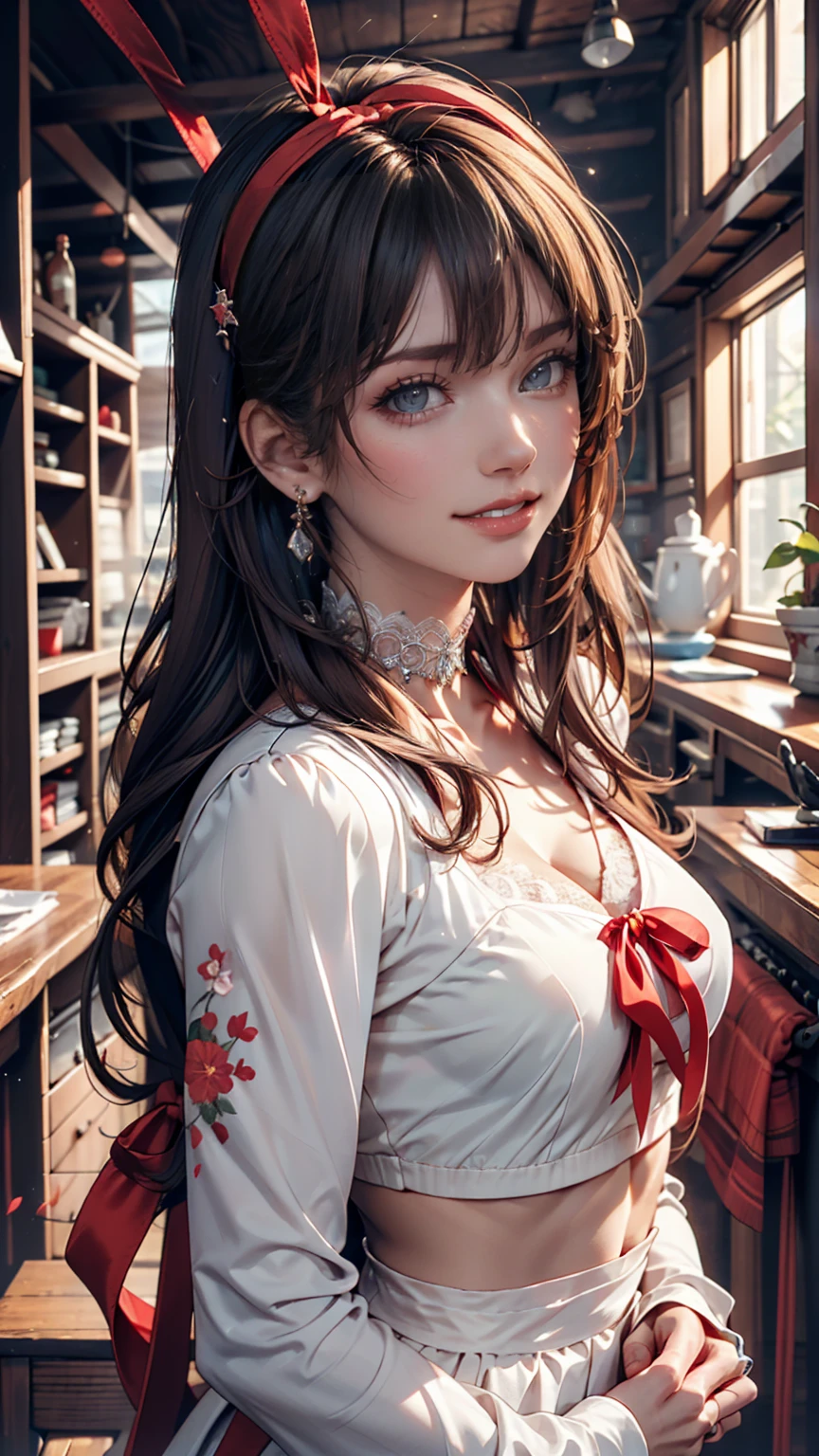 Florence Nightingale, (Ballet Costumes), Sitting in a chair, Smiling for the camera, White formal shirt, Loose collar button, Swollen nipples, Long, loose hair, (Delicate illustrations: 1.4), (Renaissance art: 1.4), (Ultra-high resolution: 1.2), (Photorealism: 1.4), (8k, RAW Photos: 1.2), (Soft Focus: 1.4), ( 18-year-old: 1.3), (Sharp focus: 1.4), Beautiful face with attention to detail, Pure rose face_v1