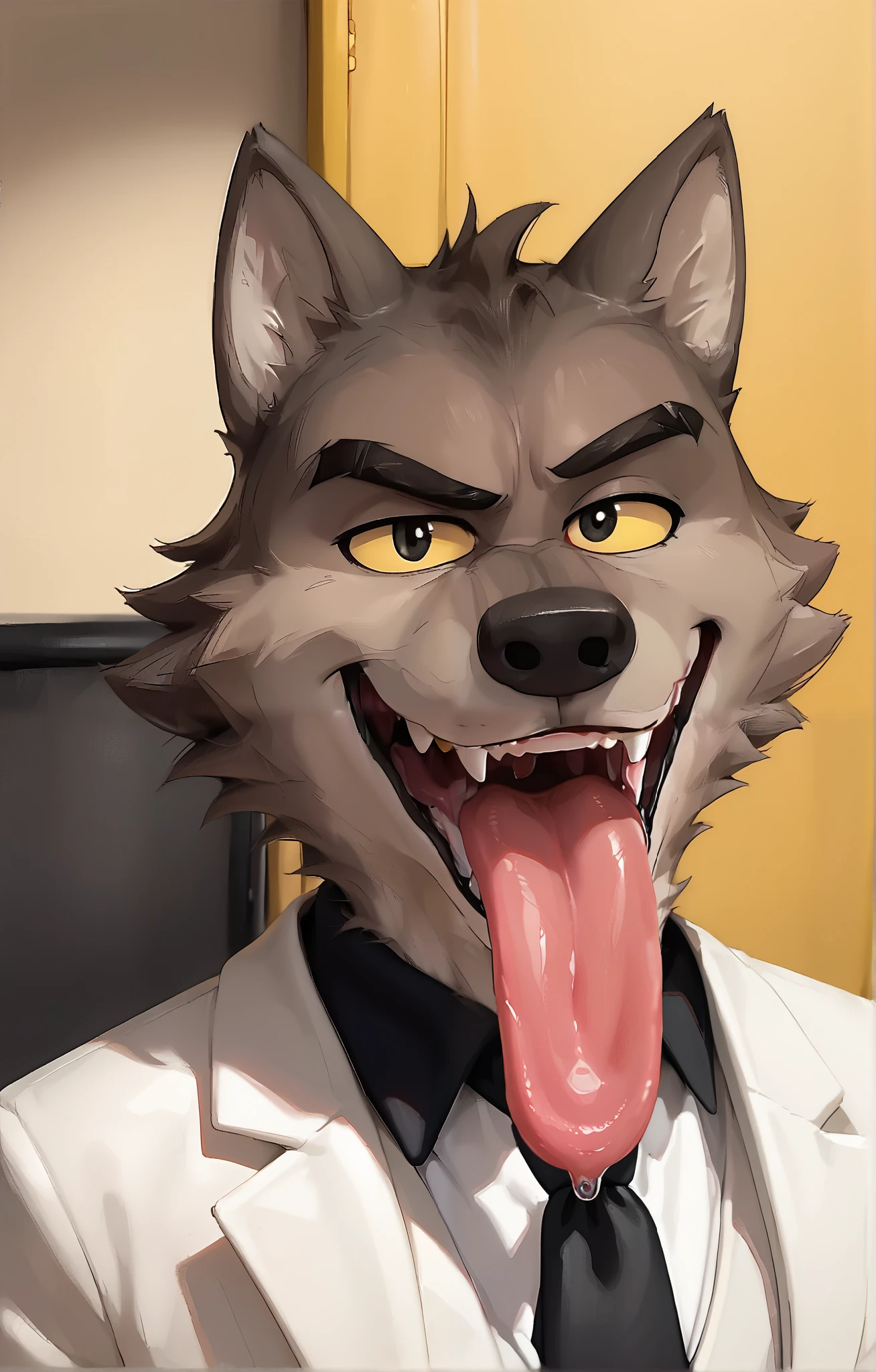 Mr Wolf, dreamworks animation, 3D, wolf ears, looking at viewer, front view, mouth open, big long tongue out, extremely long tongue slides down longer and longer and longer and longer, drooling, Raised Eyebrow, Oral Invitation, Simple background, Male Character Design, High Resolution, Super Detailed, Textured Skin, grey fur, close up, solo, furry, standing, anthro, devious expression, smiling, furry, male, black pupils, yellow sclera, standing, simple background, retro artstyle, traditional media, dramatic lighting, anatomically correct, wearing white suit, wearing black necktie, indoors