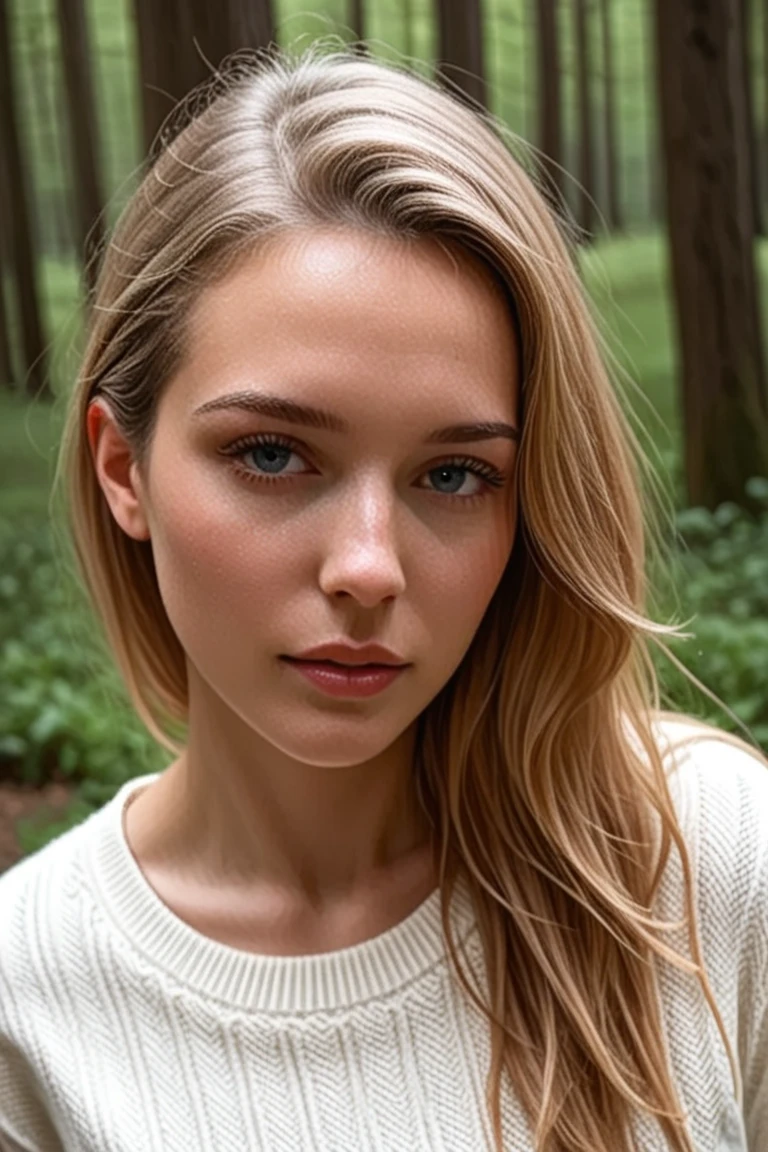 sportliche, weibliche Person, rural areas of northern Sweden. lange bis mittellange, geflochtene blonde Haare, striking facial features. 1,70M tall, weighs 65kg and has a very large bust. Her revealing style with a low-cut neckline reflects sporty functionality, passend zu ihrem aktiven Lebensstil in der Natur. The image should include the beauty of the northern Swedish landscape in the summer in the background