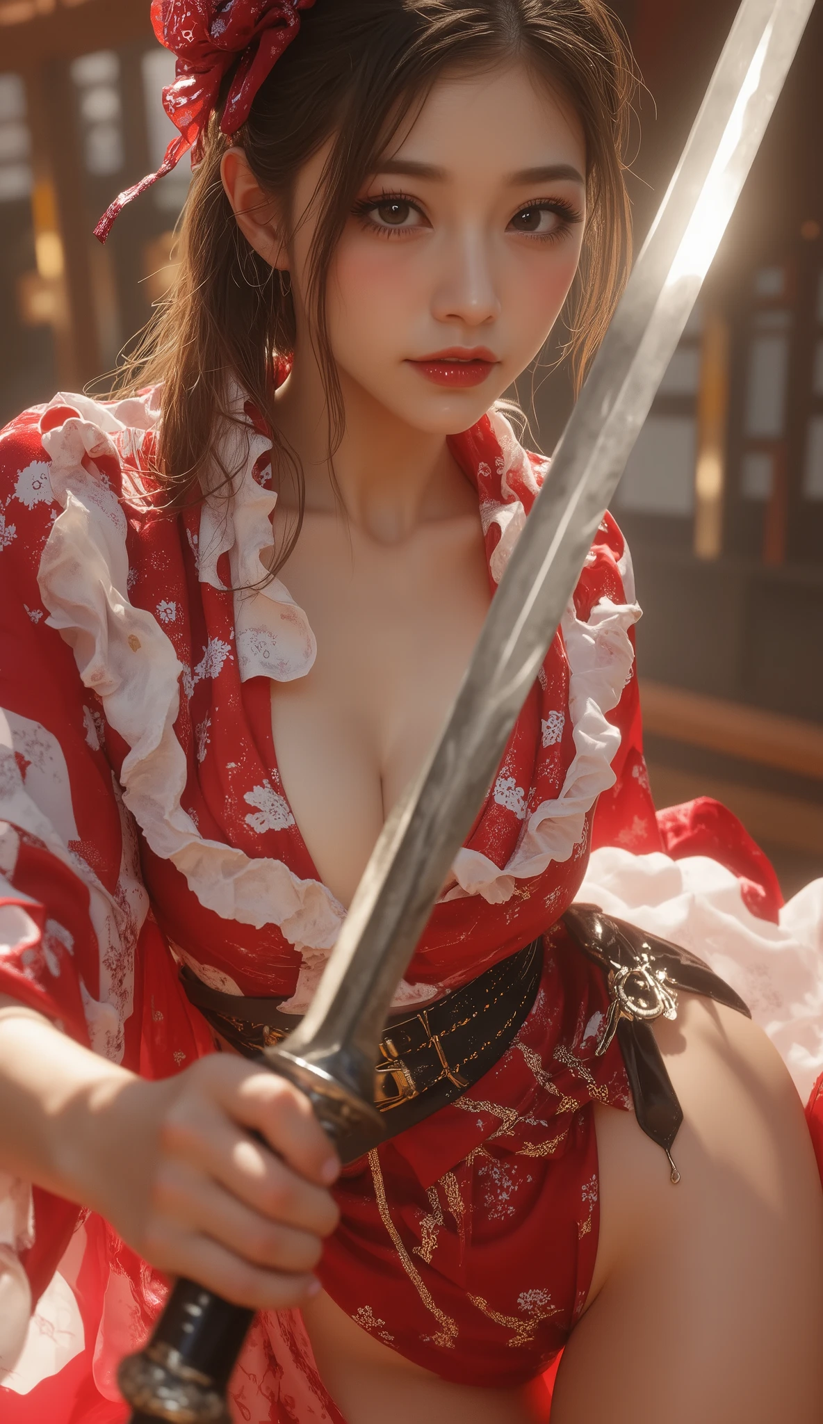 a Digital illustration image of a woman with a big breast holding a knife, an illustration of by Kentaro Miura, pixiv, shin hanga, oppai, seductive anime girl, ecchi, beautiful alluring anime teen, pixiv 3dcg, top rated on pixiv, biomechanical oppai, ecchi anime style, beautiful alluring anime woman, anatomically correct, super detail, high details, highres, 4K