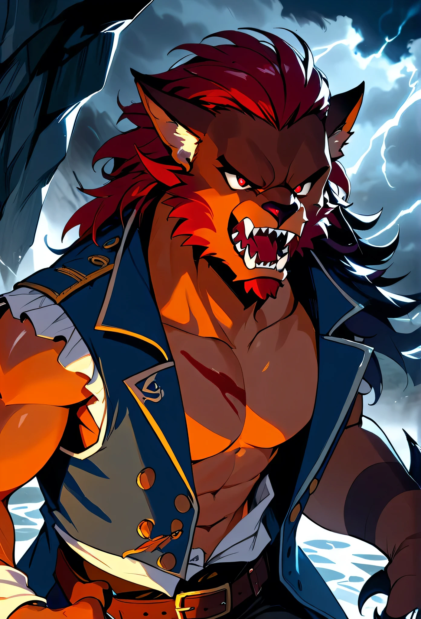 (masterpiece, best quality, 2k), solo, 1guy, werewolf, blood red eyes, reddish-brown fur, (wearing a blue ((torn pirate jacket with no sleeves))) black colonial pants, sharp claws, standing in front of a cave entrance, night scene, storm clouds gathering (snarling, glower), close up shot