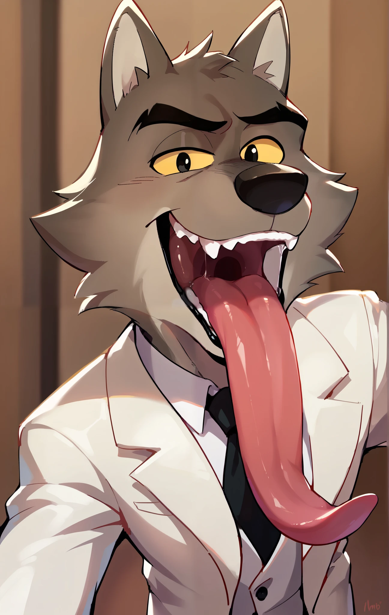 Mr Wolf, dreamworks animation, 2D, wolf ears, looking at viewer, front view, mouth open, big long tongue out, extremely long tongue slides down longer and longer and longer and longer, drooling, maw shot, Raised Eyebrow, Oral Invitation, Simple background, Male Character Design, High Resolution, Super Detailed, Textured Skin, grey fur, close up, solo, furry, standing, anthro, devious expression, furry, male, black pupils, yellow sclera, standing up confidently, indoors wearing white suit, wearing black necktie