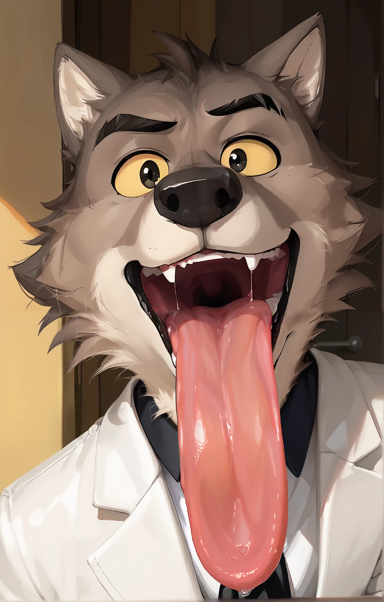 Mr Wolf, dreamworks animation, 3D, wolf ears, looking at viewer, front view, mouth open, big long tongue out, extremely long tongue slides down longer and longer and longer and longer, drooling, Raised Eyebrow, Oral Invitation, Simple background, Male Character Design, High Resolution, Super Detailed, Textured Skin, grey fur, close up, solo, furry, standing, anthro, devious expression, smiling, furry, male, black pupils, yellow sclera, standing, simple background, retro artstyle, traditional media, dramatic lighting, anatomically correct, wearing white suit, wearing black necktie, indoors
