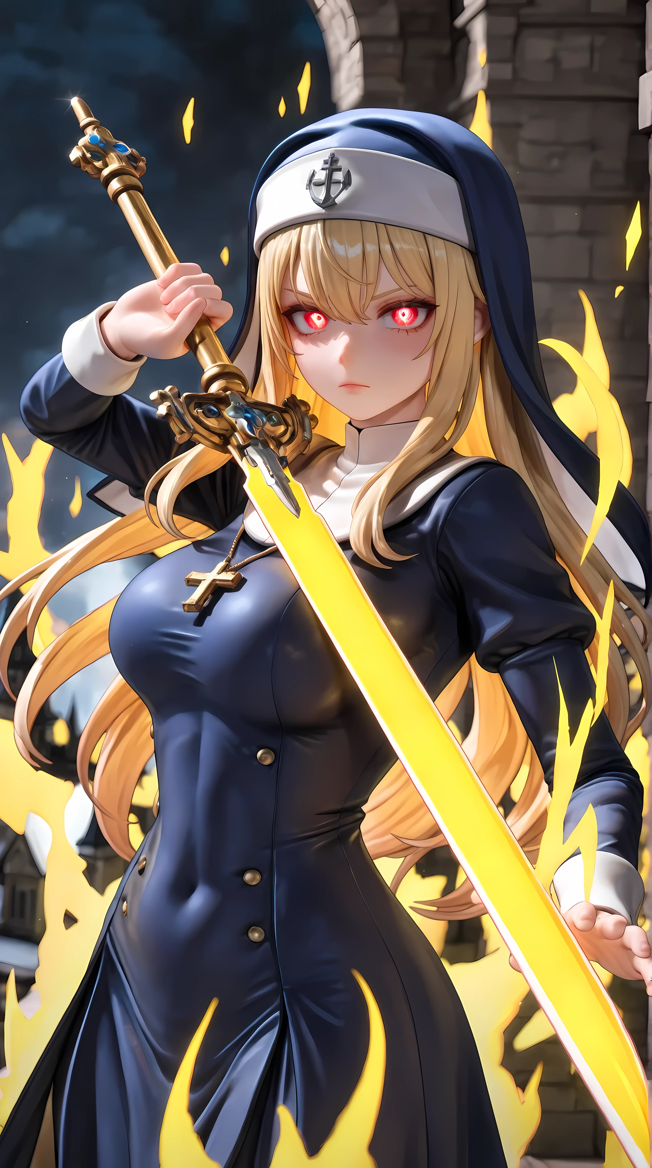 solo, 1girl, aiming a Longsword at viewer, (glowing yellow sword, aura:1.5), fighting stance,
BREAK 1girl, nun, long dress, medium breasts, (navy:1.3) dress, glowing red eyes, long blonde hair, serious,
BREAK night, dark background, castle,
BREAK diffraction spikes, depth of field, dynamic angle, (Luminescent sword effects:1.2), cinematic shadow, upper body,
BREAK (3D model, high render:1.5), (figure:1.25), (masterpiece, super fine illustration, highly detailed), best quality, expressive eyes, perfect face, perfect weapon,