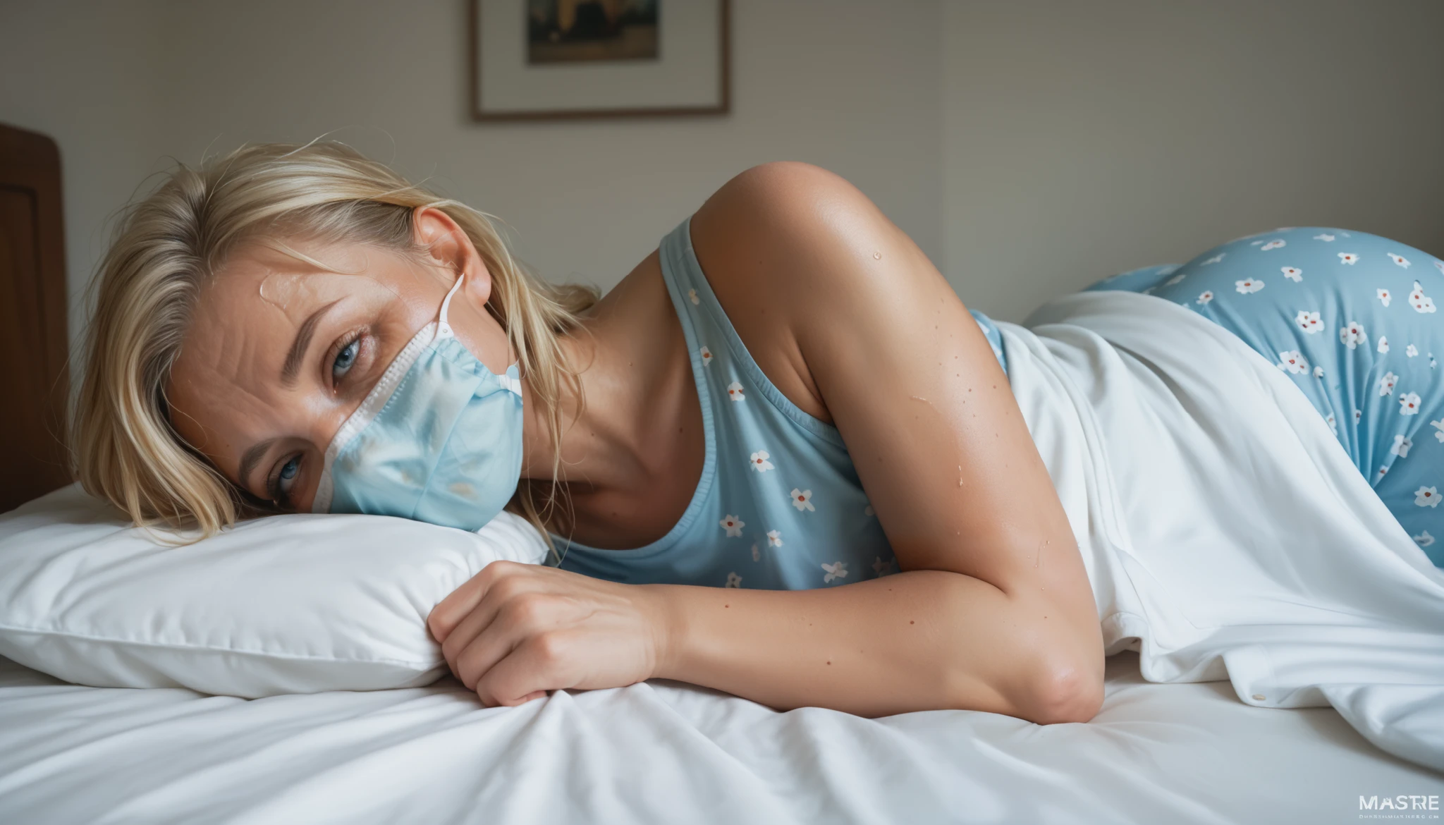 ((Best quality, 8k, Masterpiece: 1.3)), Highly detailed face and skin texture, A 28-year-old woman with long, blonde hair lies in bed, suffering from a high fever. Her hair is damp with sweat, sticking to her forehead. She is wearing a light blue pajama set and a white face mask. Her expression is dazed and weak as she wakes up, her eyes unfocused. She is covered with a white bedsheet, but due to her high temperature, it is slightly pulled away. The room has a soft, dim lighting, emphasizing her flushed cheeks and exhaustion.
