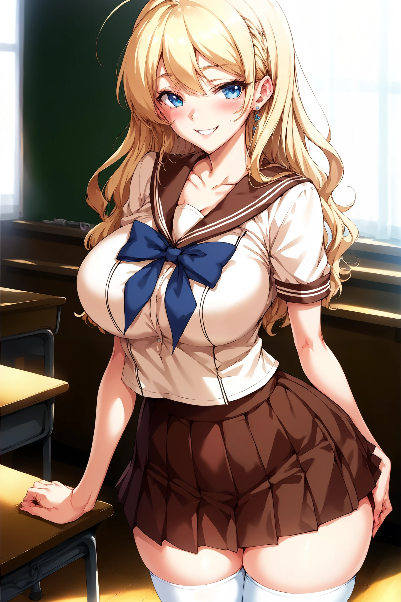 score_9, score_8_up, score_7_up, 1girl, long staright hair, blonde hair, blue eyes, curtained, curvy body, sailor style, pleated skirt, classroom, blush, smile, slutty, solo, thigh high sock,high quality,easynegative , good hands , good fingers