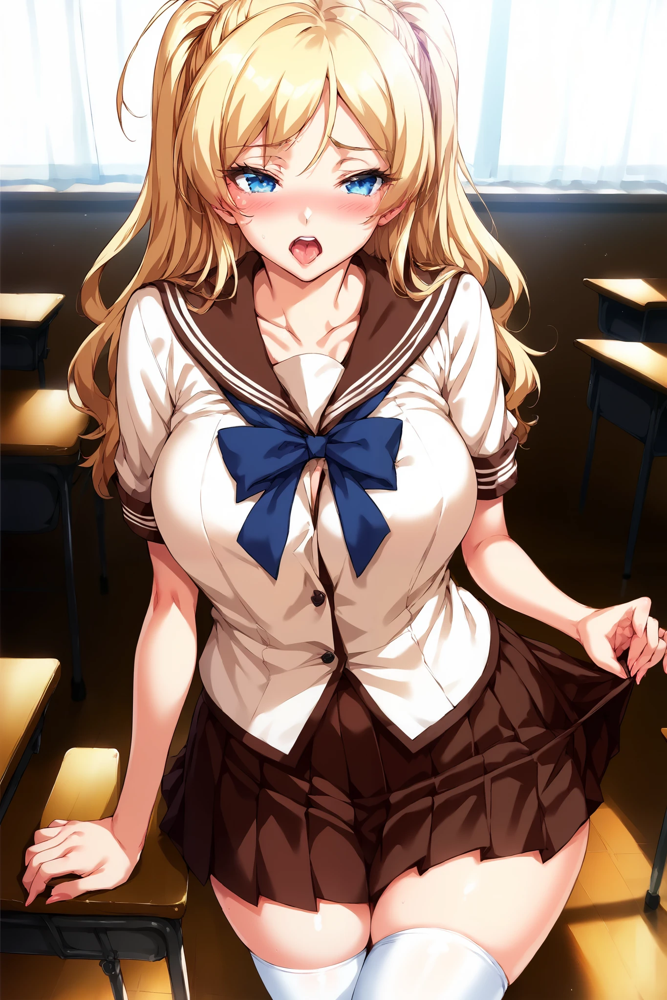 score_9, score_8_up, score_7_up, 1girl, long staright hair, blonde hair, blue eyes, curtained, curvy body, sailor style, pleated skirt, classroom, blush, moan, horny, slutty, solo, thigh high sock,high quality,easynegative, , good hands, good fingers