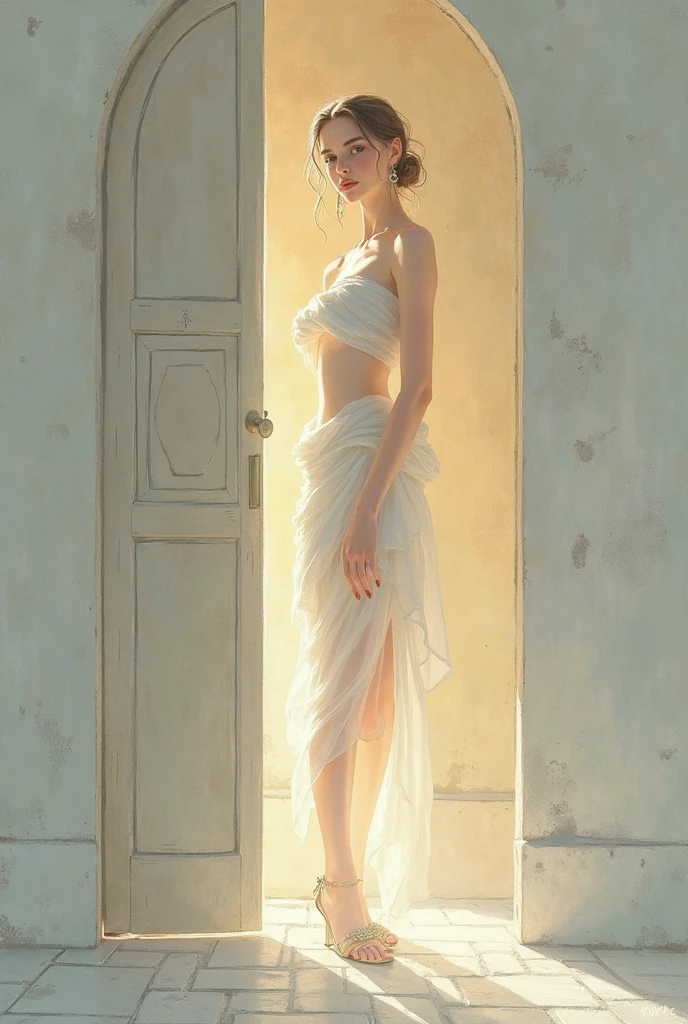 ((Looking back)), (((full bodyesbian))), ((Realistic)), ((From behind, From below)), ((off-the-shoulder clothes)), Beautiful young girl, Beautiful Korean model, cabellos largos dorados, curlies, By bangs, (slender leg), (cold light, the night, starrysky), (at winter season, nevando). ((White sweater, Short black skirt), Detailed scenes, the detail,Hyper-detailed, (correct hand), (anatomy correct), (best qualtiy,tmasterpiece)