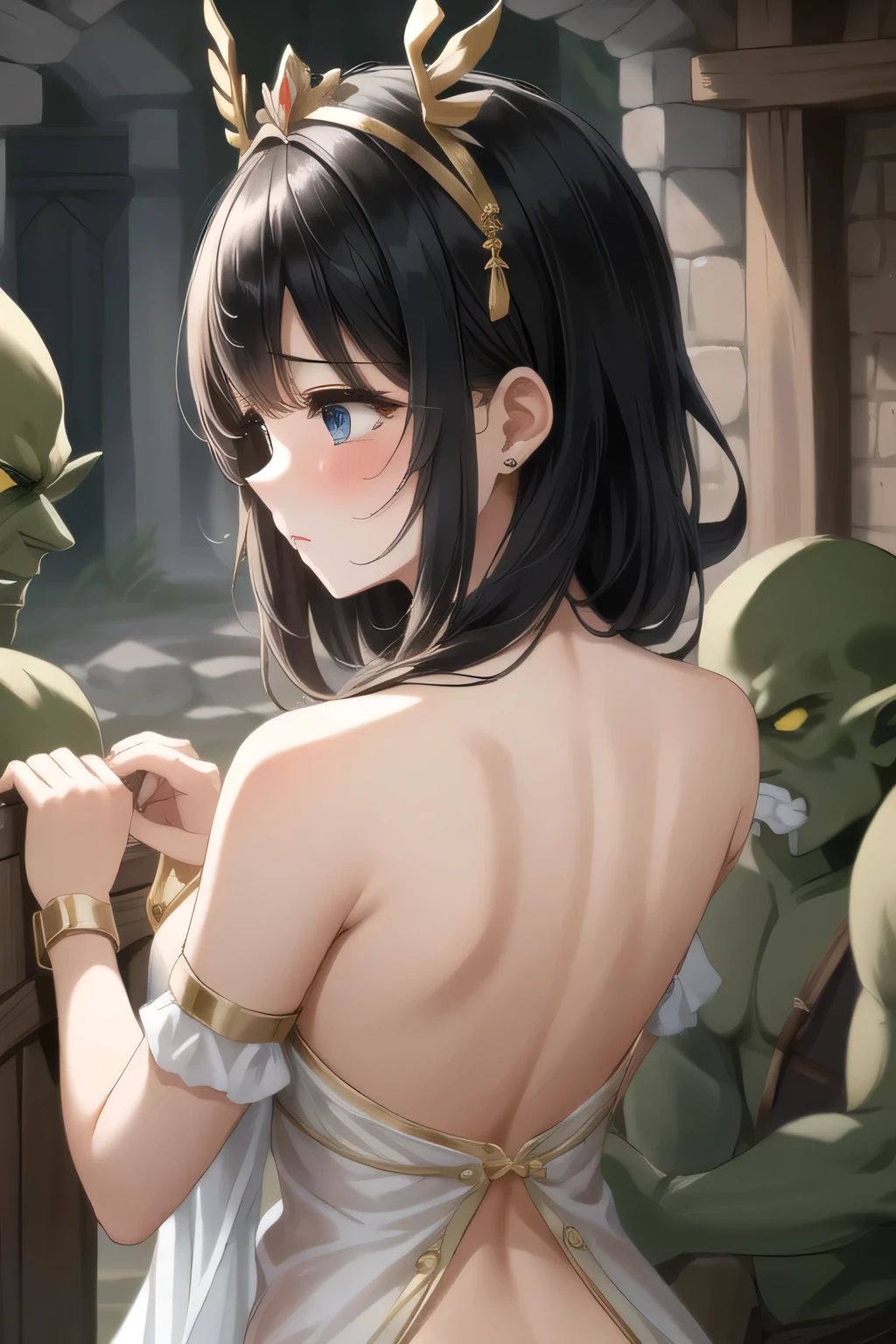 、( masterpiece、 Top Quality 、 Ultra High Precision )、( perfect face 、 beautiful face、 beautiful eyes)、( comics、 manga 、story)、armor、 flower headdress with death spots 、Ruins、 Imprisonment、Prisoner、Battle with Goblins 、 goblins attack women 、 Goblin captures human woman 、 Hands Behind 、 women hate it 、 crying woman 、((( two guys getting creampied、 woman 1 person,))、 (nsfw),( in 1 male and 1 female , having sex)、((nsfw),(1man and 1woman,having sex)、seen from behind、Her upper body is facing here 、Hands down、 hands behind、Handcuffs、 hands behindに縛られる、excessive cum、cum on body:1.2、cum in puss