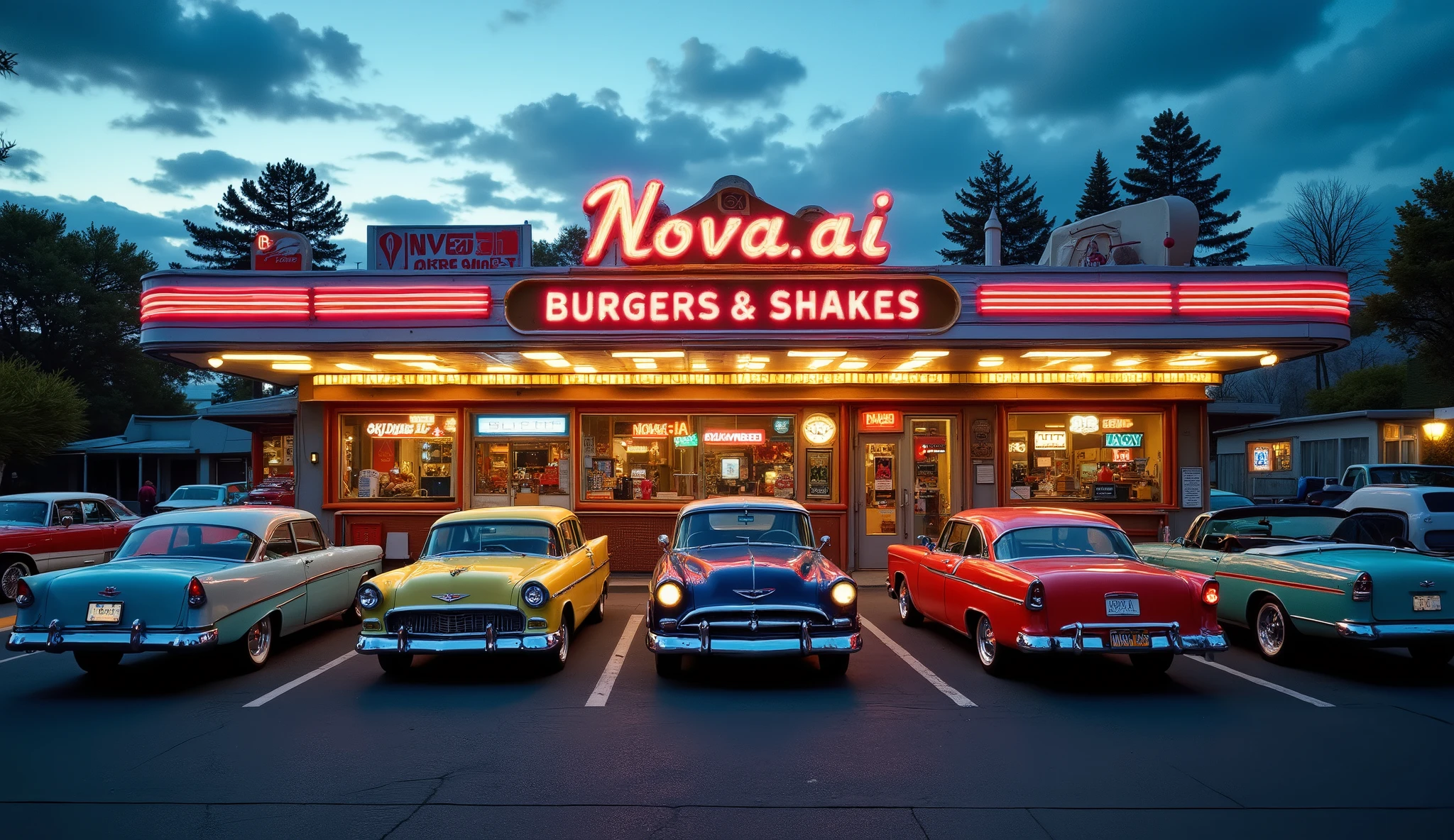 exterior of 50s-style drive-in burger and shakes restaurant diner labed "Nova.AI Burgers & Shakes". High perspective. Vintage autos parked outside.