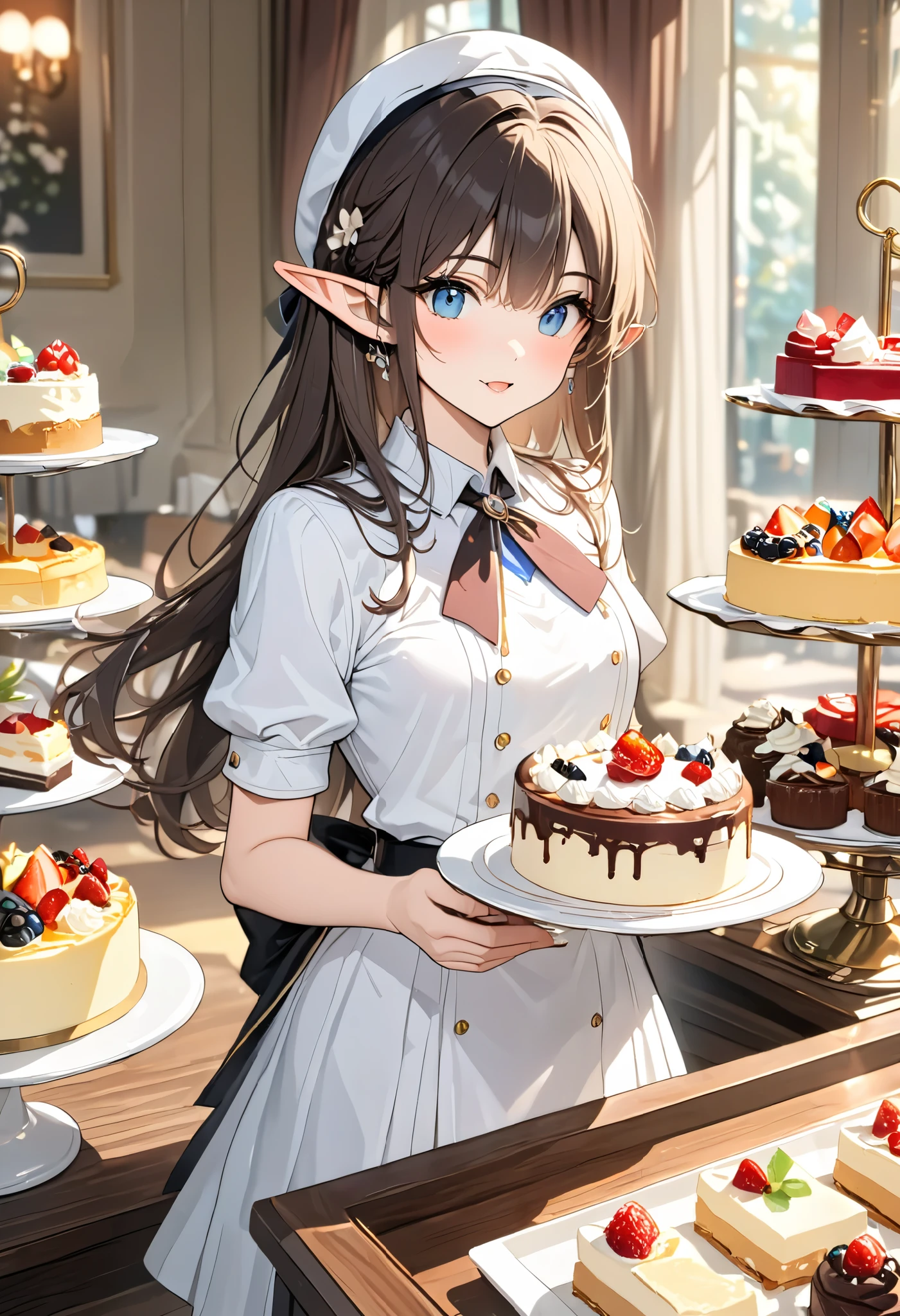 ((Best quality, 8k, Masterpiece: 1.3)), Highly detailed face and skin texture, A young Japanese college girl is standing in front of a luxurious dessert buffet, holding a plate while deciding which cake to choose. Her eyes are filled with excitement as she looks at the wide variety of sweets in front of her. The buffet includes classic shortcake and cheesecake, vibrant fruit tarts, rich chocolate cakes, and many other delicious desserts. The setting is bright and elegant, with soft lighting that enhances the colors and textures of the cakes. The atmosphere is warm and inviting, making the scene feel joyful and indulgent. elf, pointy ears
