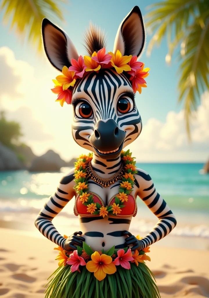 a woman dressed as a zebra with feathers, in front of Noah's ark with bubbles flying