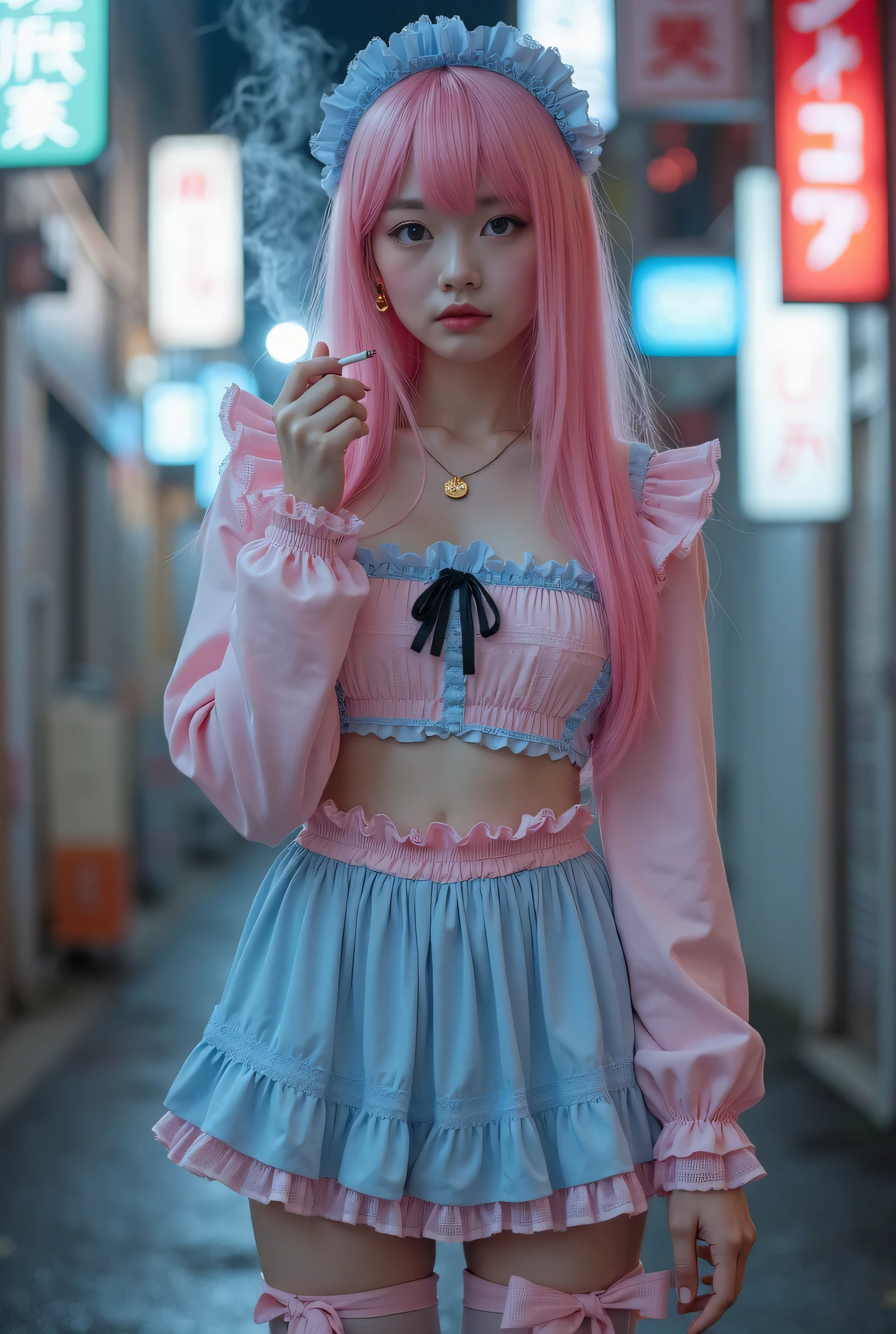 realistic, <lora:scene:0.8>, beautiful girl standing in shopping mall, full body, poofy hair, (realistic face, perfect eyes, perfect face:1.1), colourful hair, makeup, eyeliner