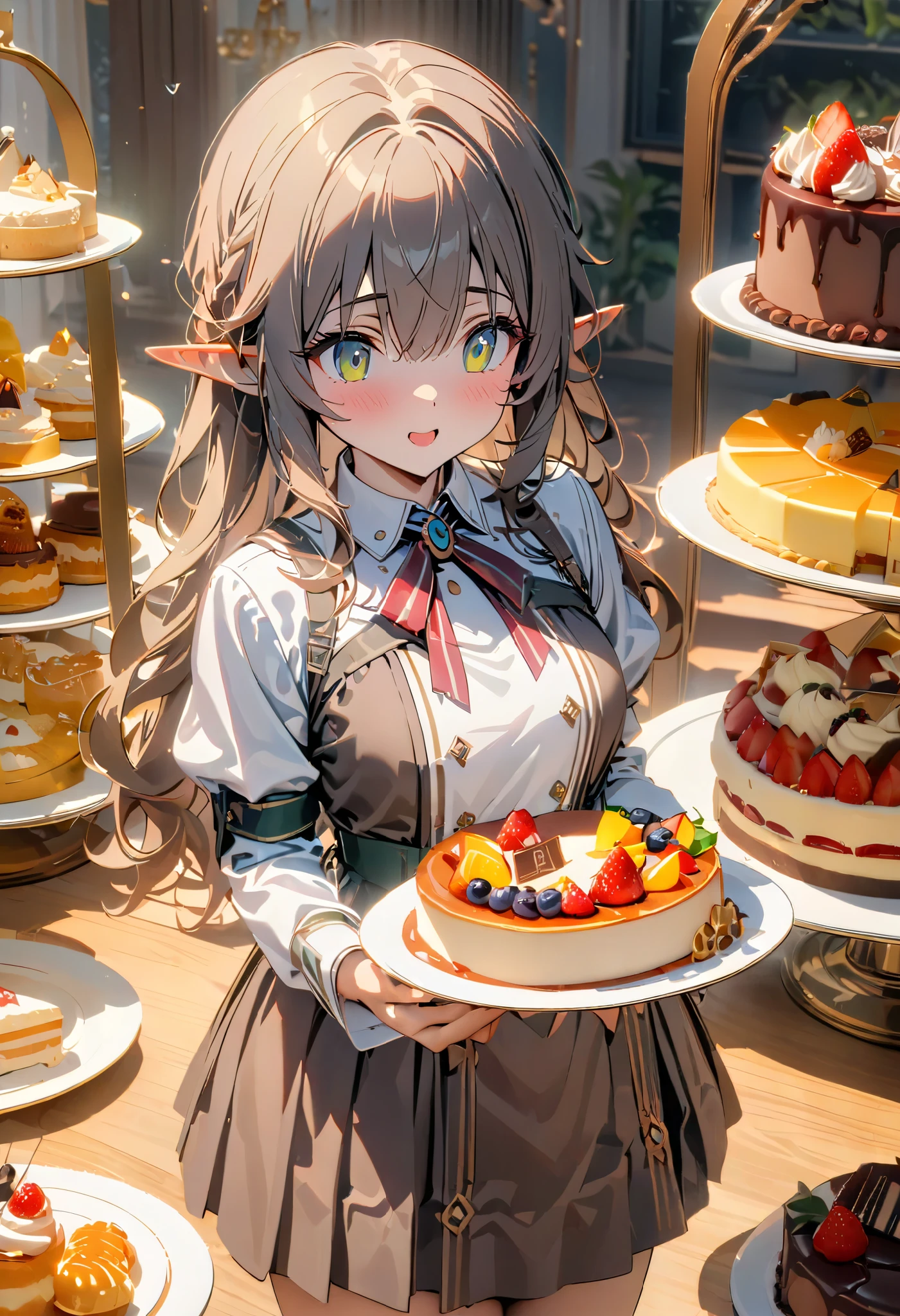 ((Best quality, 8k, Masterpiece: 1.3)), Highly detailed face and skin texture, A young Japanese college girl is standing in front of a luxurious dessert buffet, holding a plate while deciding which cake to choose. Her eyes are filled with excitement as she looks at the wide variety of sweets in front of her. The buffet includes classic shortcake and cheesecake, vibrant fruit tarts, rich chocolate cakes, and many other delicious desserts. The setting is bright and elegant, with soft lighting that enhances the colors and textures of the cakes. The atmosphere is warm and inviting, making the scene feel joyful and indulgent. elf, pointy ears