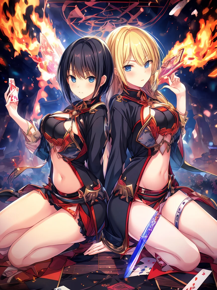 long hair, breasts, looking at viewer, smile, short hair, blue eyes, multiple girls, skirt, blonde hair, black hair, red eyes, thighhighs, gloves, navel, 2girls, sky, elbow gloves, midriff, cloud, fingerless gloves, black skirt