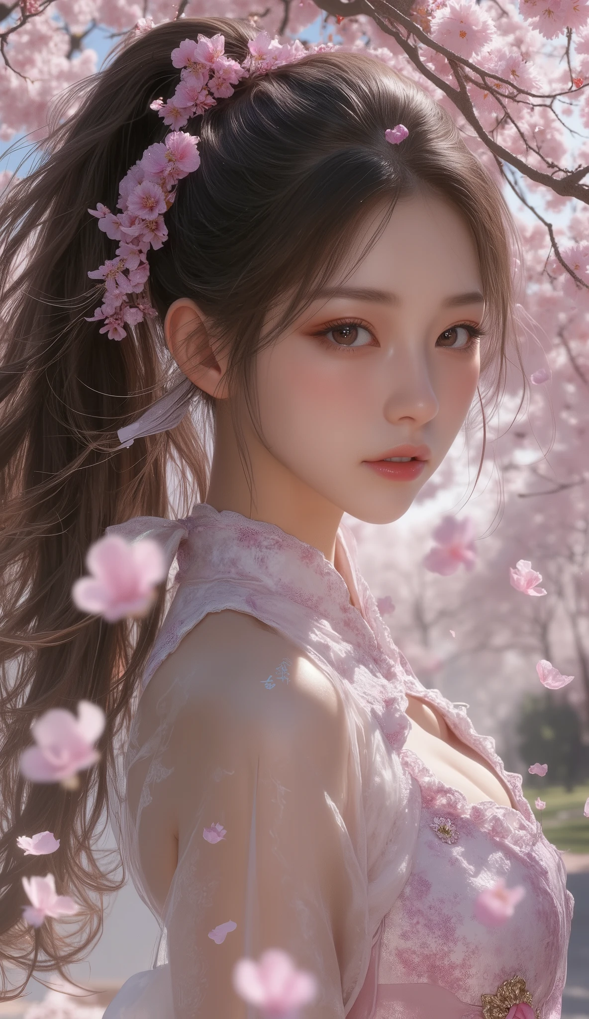((Best Quality)), ((Masterpiece)), (Detail: 1.4), 3D, Beautiful Cyberpunk Female Image, HDR (High Dynamic Range), Ray Tracing, NVIDIA RTX, Super Resolution, Unreal 5, Subsurface Scattering, PBR Texture, Post-Processing, Anisotropic Filtering, Depth of Field, Maximum Sharpness and Sharpness, Multi-layer Texture, Albedo and Highlight Mapping, Surface Coloring, Mitsu-Accurate Simulation of Material Interactions, Perfect Proportions, Octane Rendering, Two-color Light, Large Aperture, Low ISO, white balance, regular three-point, 8K RAW, beautiful bright pupils, flowing robe, fine pupils, delicate face and eyes, long eyelashes, blush, fluffy hair, pink lips, pure, cute, sweet girl, cherry blossom petals falling, butterflies, casual wear, high-end sense