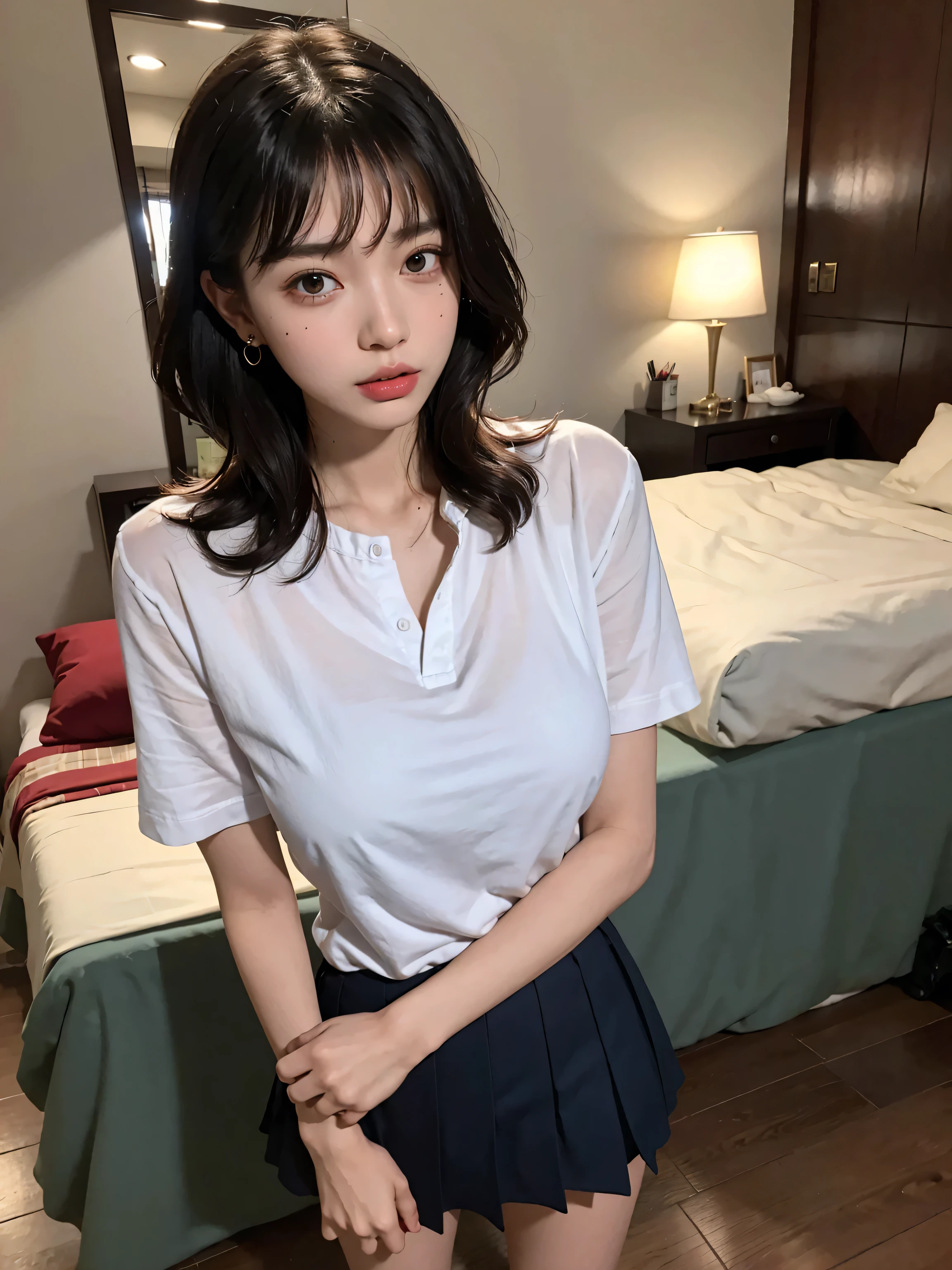 ((highest quality, 8k, masterpiece: 1.3, RAW photo)), sharp focus: 1.2, (alone), (1 Aespa Girl: 1.2), (realistic, realistic: 1.37), (face focus: 1.1), cute face, small breasts, flat chest, messy short hair, up style, nude, (Button-down white shirt, chiffon panties, thigh: 1.2), Are standing, hotel room under the light of the lamp, cinematic lighting,