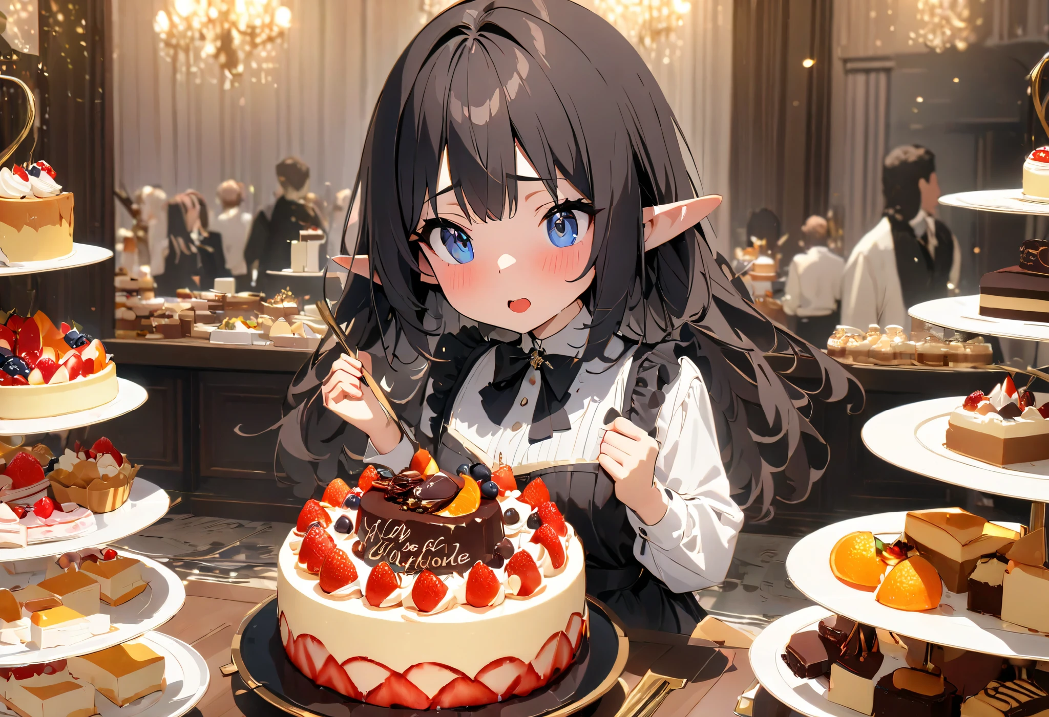 ((Best quality, 8k, Masterpiece: 1.3)), Highly detailed face and skin texture, A young Japanese college girl is standing in front of a luxurious dessert buffet, holding a plate while deciding which cake to choose. Her eyes are filled with excitement as she looks at the wide variety of sweets in front of her. The buffet includes classic shortcake and cheesecake, vibrant fruit tarts, rich chocolate cakes, and many other delicious desserts. The setting is bright and elegant, with soft lighting that enhances the colors and textures of the cakes. The atmosphere is warm and inviting, making the scene feel joyful and indulgent. elf, pointy ears