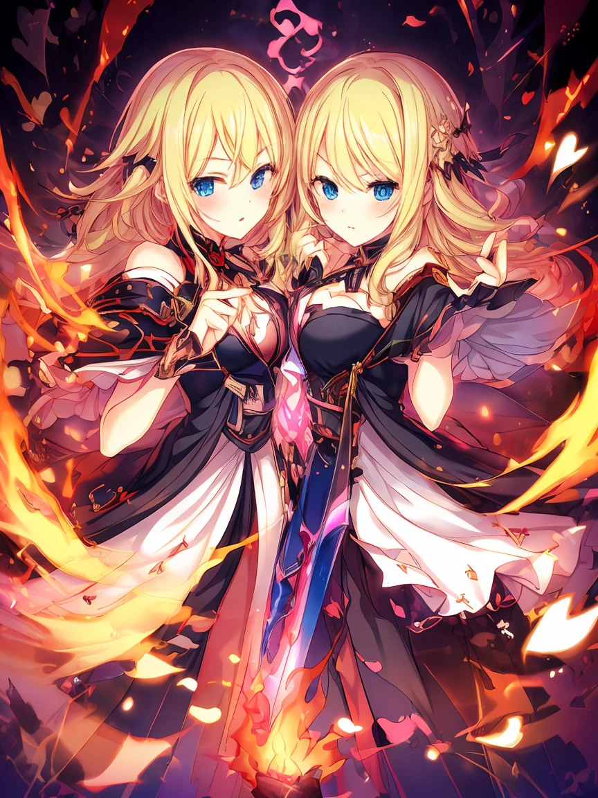 ((Highest quality))(((One person)))(Anatomically correct)(long side ponytail 1.4)(detailed),Turned this way, Angelic,Wrapped in flames((Small breasts))(Young)((Large wings))((A scantily-clad gothic wizard dress and shorts))((Long blonde hair))((Holding a spear with a sickle))(Wearing flames)((Purple Eyes))Mysterious Temple、