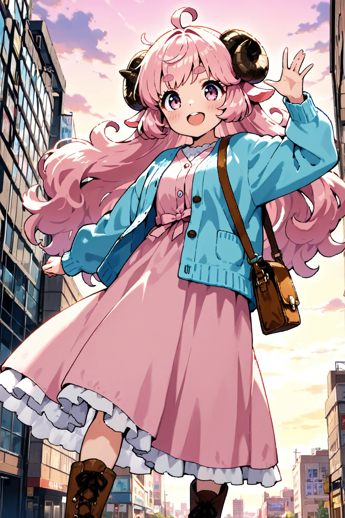 masterpiece, best quality, amazing quality, very aesthetic, high resolution, ultra-detailed, absurdres, newest, Anime screencap, highly detailed, high quality, Intricate:1.4, BREAK, (1girl, ひつじちゃん,  fluffy hair\long\pink, thick eyebrows:1.1, round sheep horns), BREAK, (pink long dress, sky blue cardigan, brown boots, brown shoulder bag), city