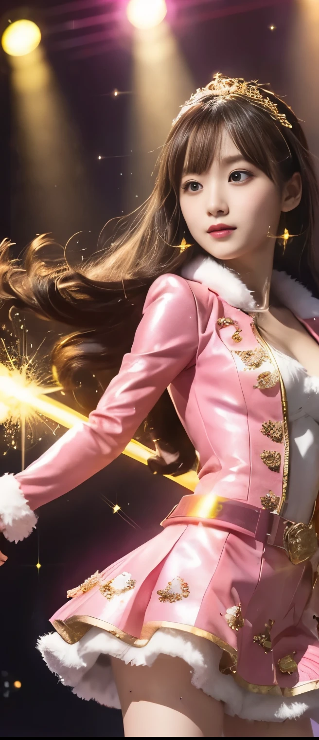Pure Sparking Idol Girl(elegant hair)、A pure girl's face、 hypo、、Gold Sequin Tight Mini Dress、fluorescent pink fur jacket、Glowing Sparking Sword、Plasma Belt