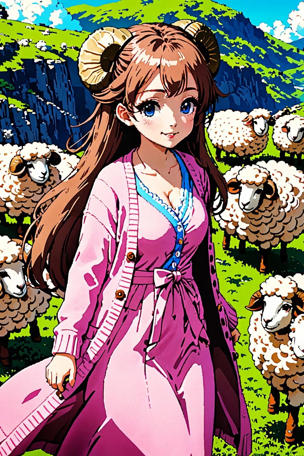masterpiece, best quality, amazing quality, very aesthetic, high resolution, ultra-detailed, absurdres, newest, Anime screencap, highly detailed, high quality, Intricate:1.4, BREAK, (1girl, ひつじちゃん,  fluffy hair\long\pink, thick eyebrows:1.1, round sheep horns), BREAK, (pink long dress, sky blue cardigan, brown boots, brown shoulder bag), city