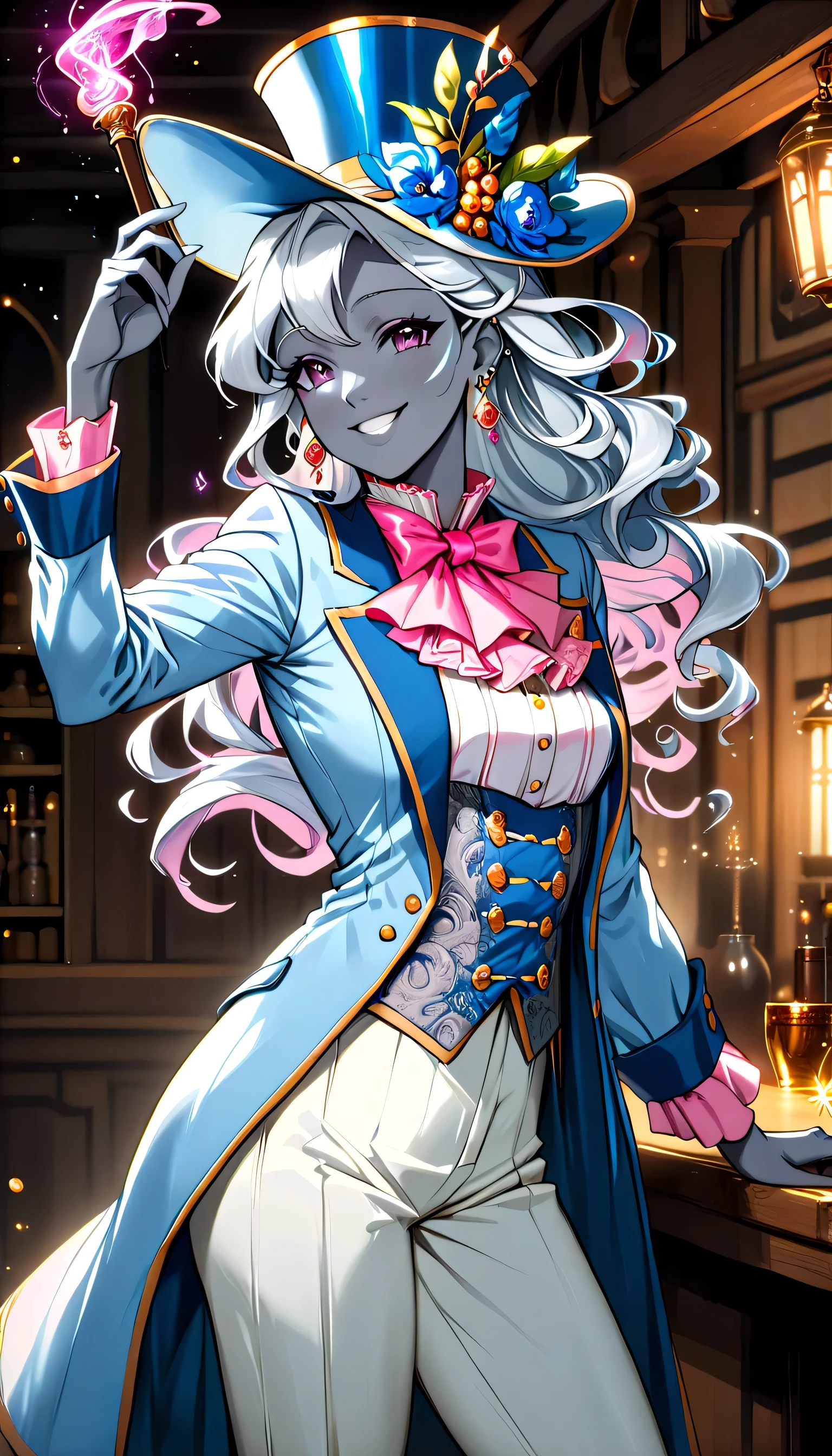 (masterpiece, best quality, 2k), solo, (female earth genasi, stone skin), stone grey skin, beautiful body, sleek legs, shiny silver hair , (((oversized light blue silk top hat, snug fit))), ((( light blue baroque style frock coat, long sleeved))), ((dark blue paisley style waiscoat underneath frock jacket), ((shimmering pink cravat)), (((white colonial trousers))), ((black heeled boots)), holding an small oaken wand in her left hand, casting a spell, earrings, posing in tavern stage, (smiling, ladylike, serene, playful), (elegant, graceful), glamorous pose, (portrait, upper body), npcp, (SFW)