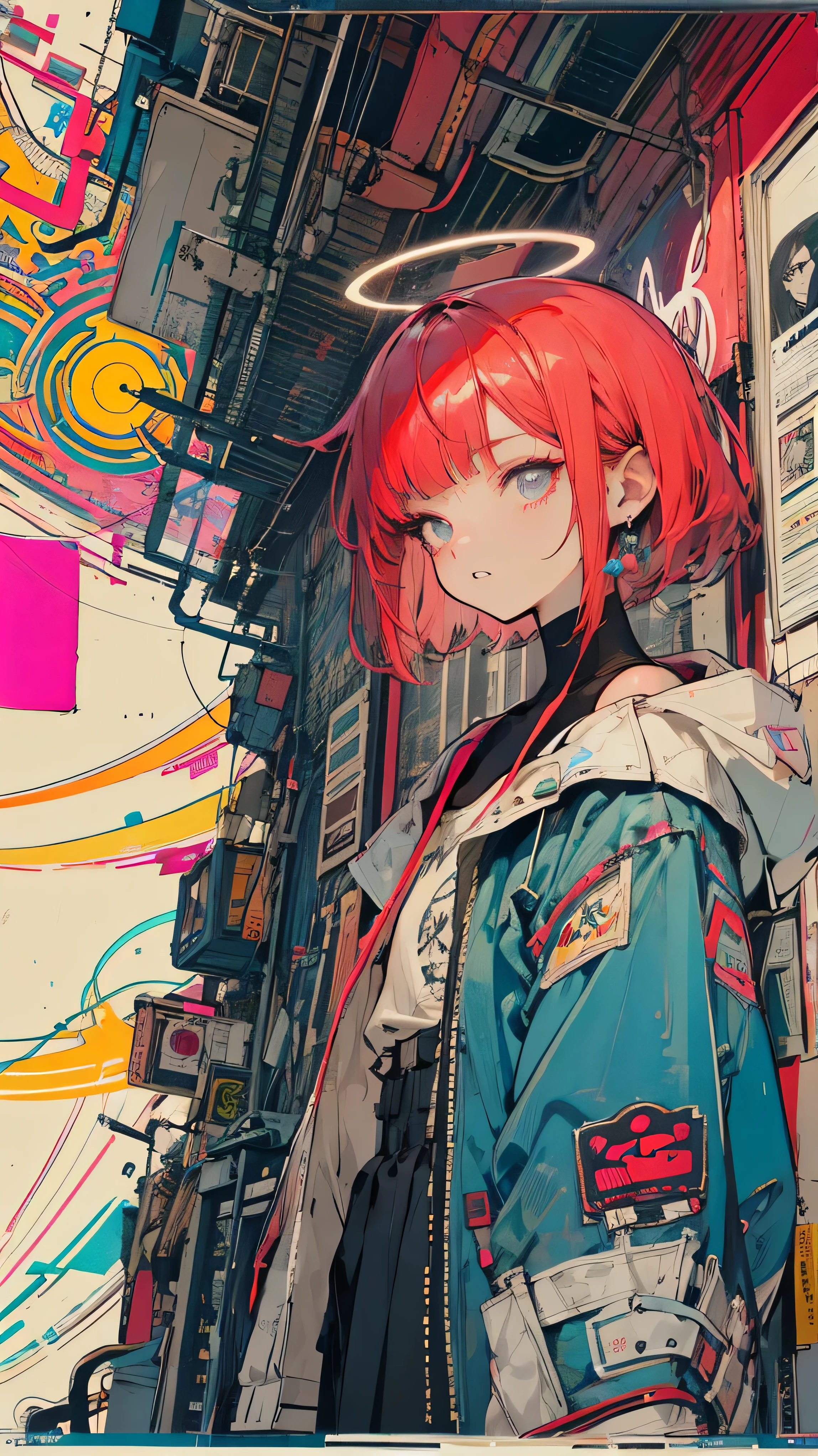 masterpiece, TOP QUALITY, Two girls, 32K Wallpapers, very detailed, posters, Vintage SF , geometric movie posters, shape, abstract , portfolio, perfection, detailed face, extremely talented, the most complicated futuristic machine, Infinitely detailed finished equipment : earphones, very simple background , people々Texture: grunge, high resolution, TOP QUALITY, HD , complicated , refined , geometric decoration , ( graffiti ), double exposure printed on cracked paper, a fluid fusion of abstract art, Glitch, 2D, original illustration composition , limited edition color fusion, Geometric art style, Number of rows, flat color , teeth, deviantart, search 。 hairstyles are random , random eye color , , minimalist, chest, large chest, dark eyes, In front of Shimokitazawa station , close your mouth, angel halo , pink eye , red hair , gas mask