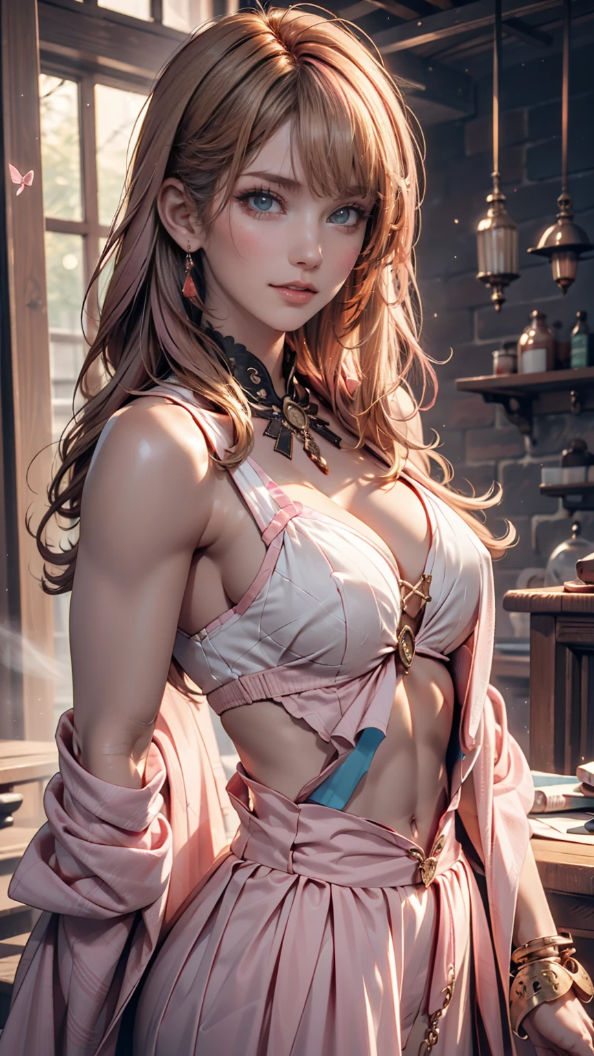 highest quality, masterpiece, Upper Body, woman, Windblown blonde, Shining Eyes, Steampunk Nude Style, Light clothing, Pink clothes, Pink Hair